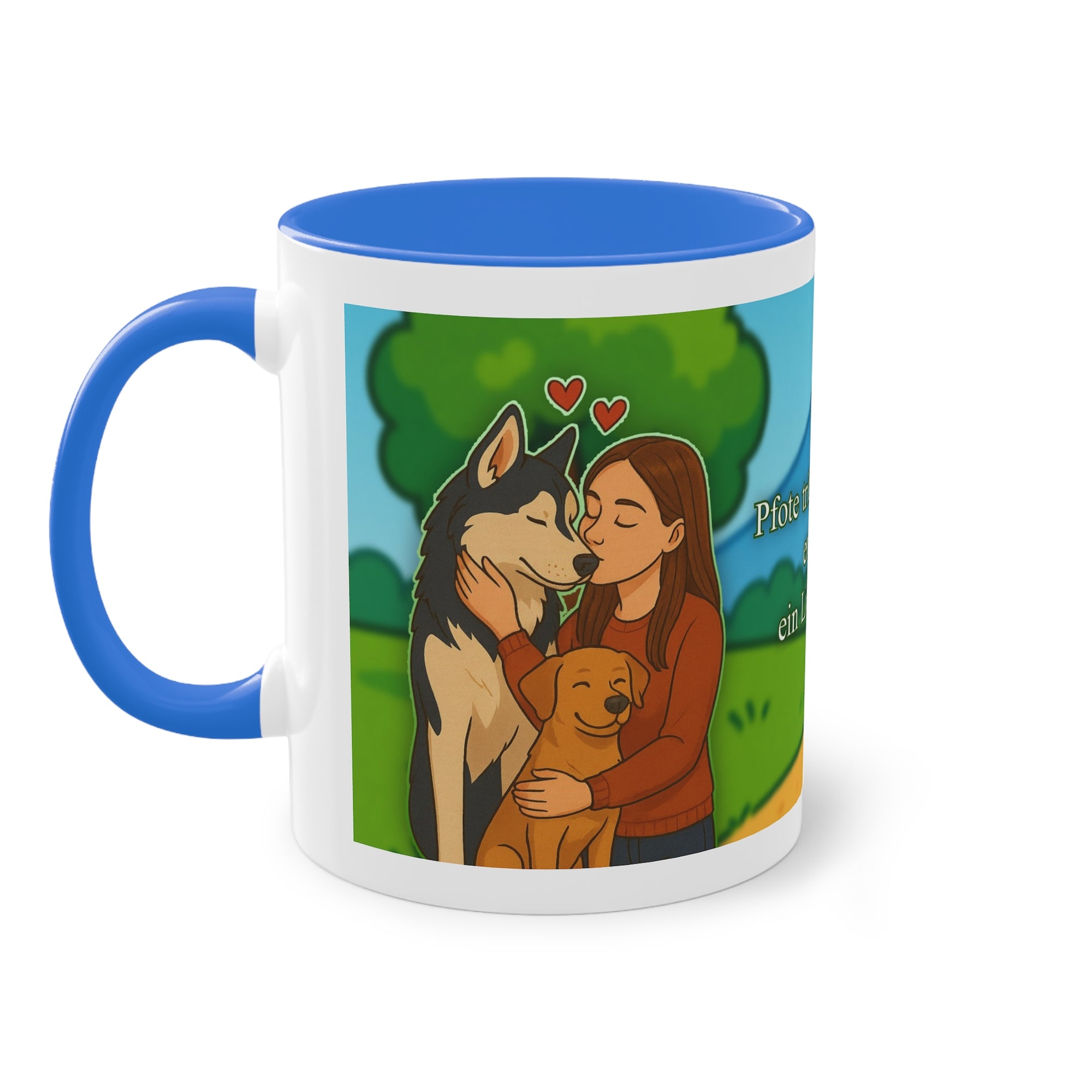 Tasse – „Hund und Katzenliebe mit Frau“ im Comic-Stil, 325 ml