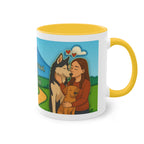 Tasse – „Hund und Katzenliebe mit Frau“ im Comic-Stil, 325 ml