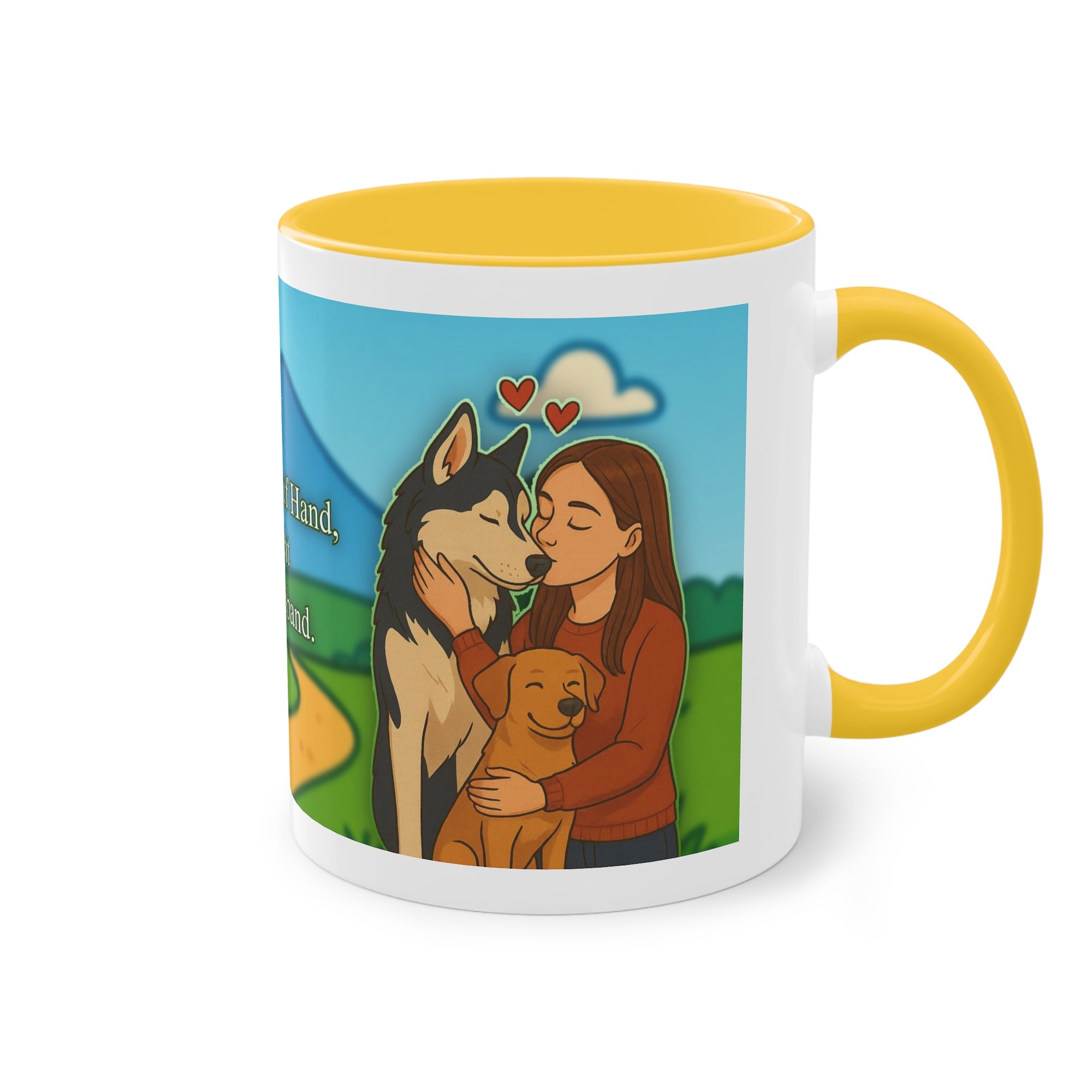 Tasse – „Hund und Katzenliebe mit Frau“ im Comic-Stil, 325 ml