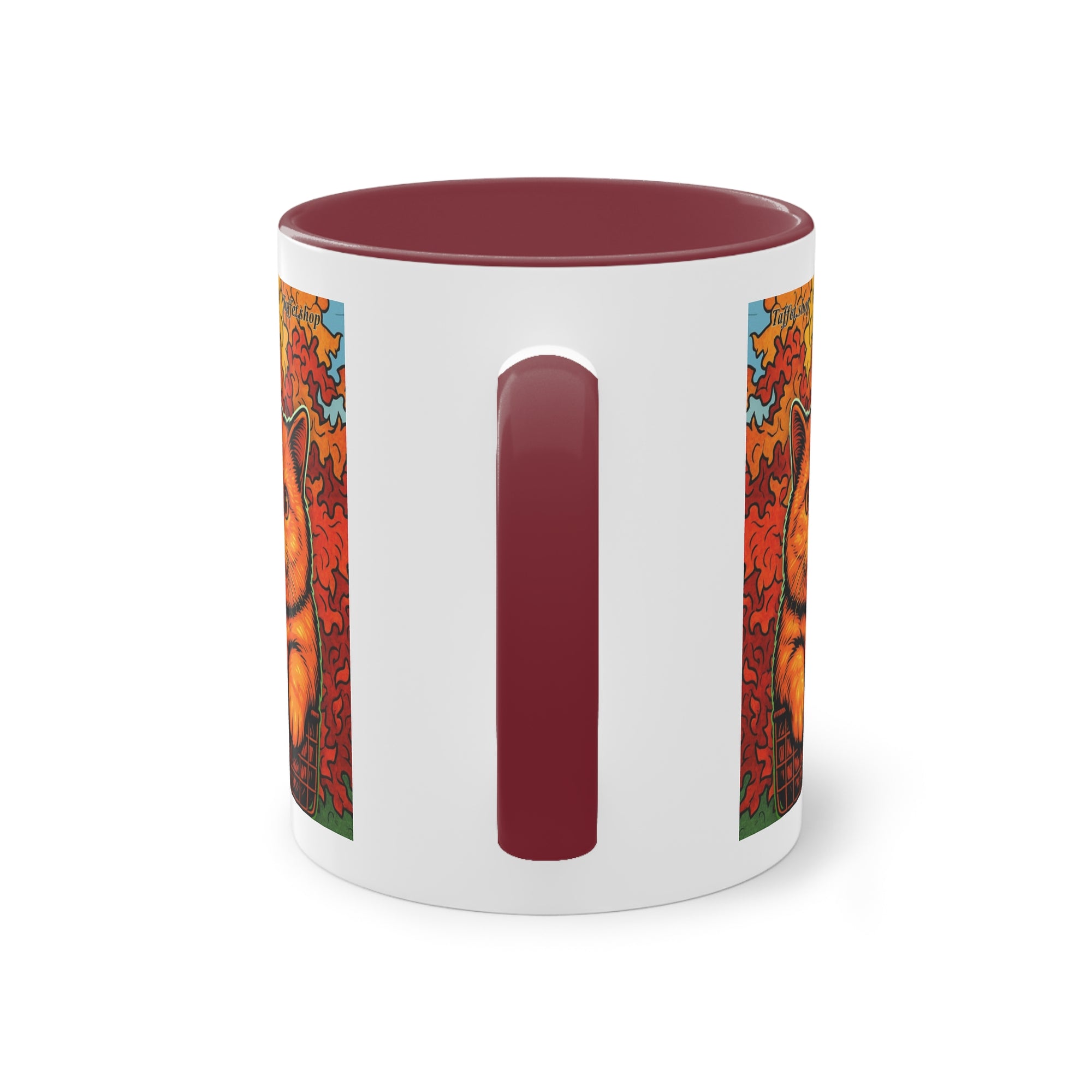 Tasse – Rote Katze mit Bäumen und blauem Himmel im Comic-Stil, 325 ml