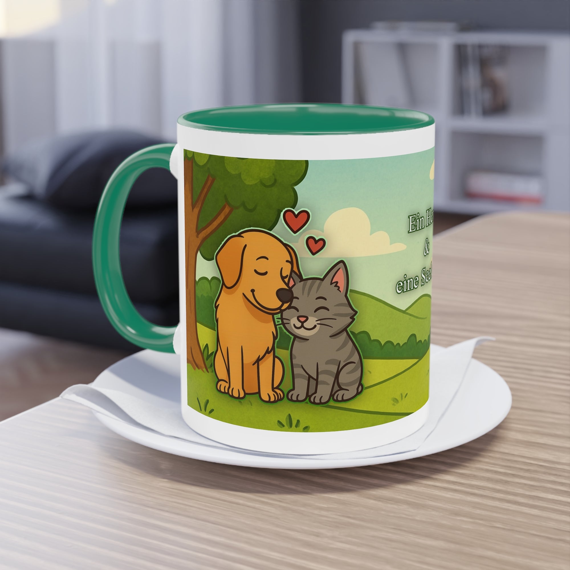 Tasse – „Hund und Katze mit Herzchen“ im Comic-Stil, 325 ml