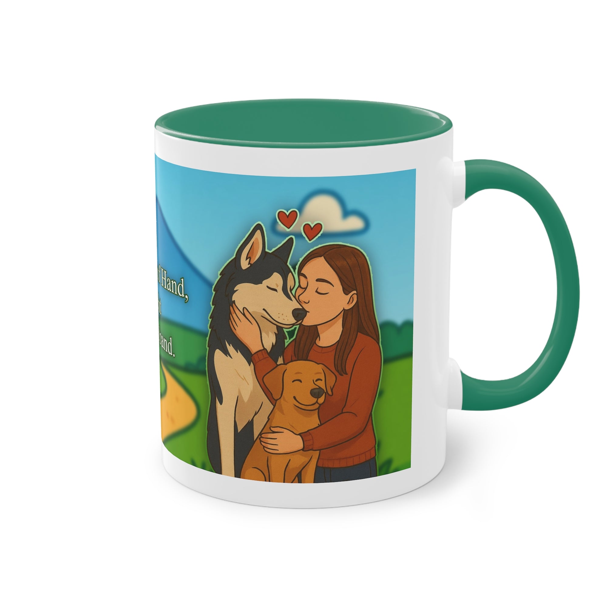 Tasse – „Hund und Katzenliebe mit Frau“ im Comic-Stil, 325 ml
