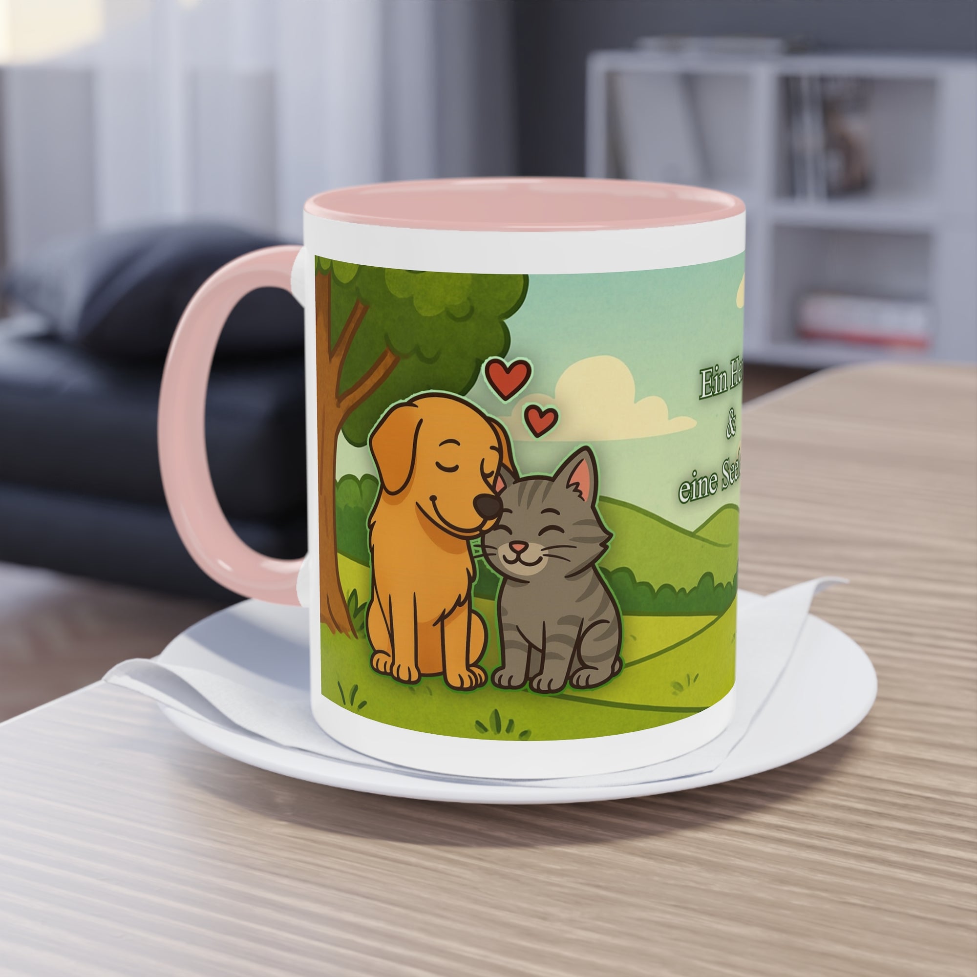 Tasse – „Hund und Katze mit Herzchen“ im Comic-Stil, 325 ml