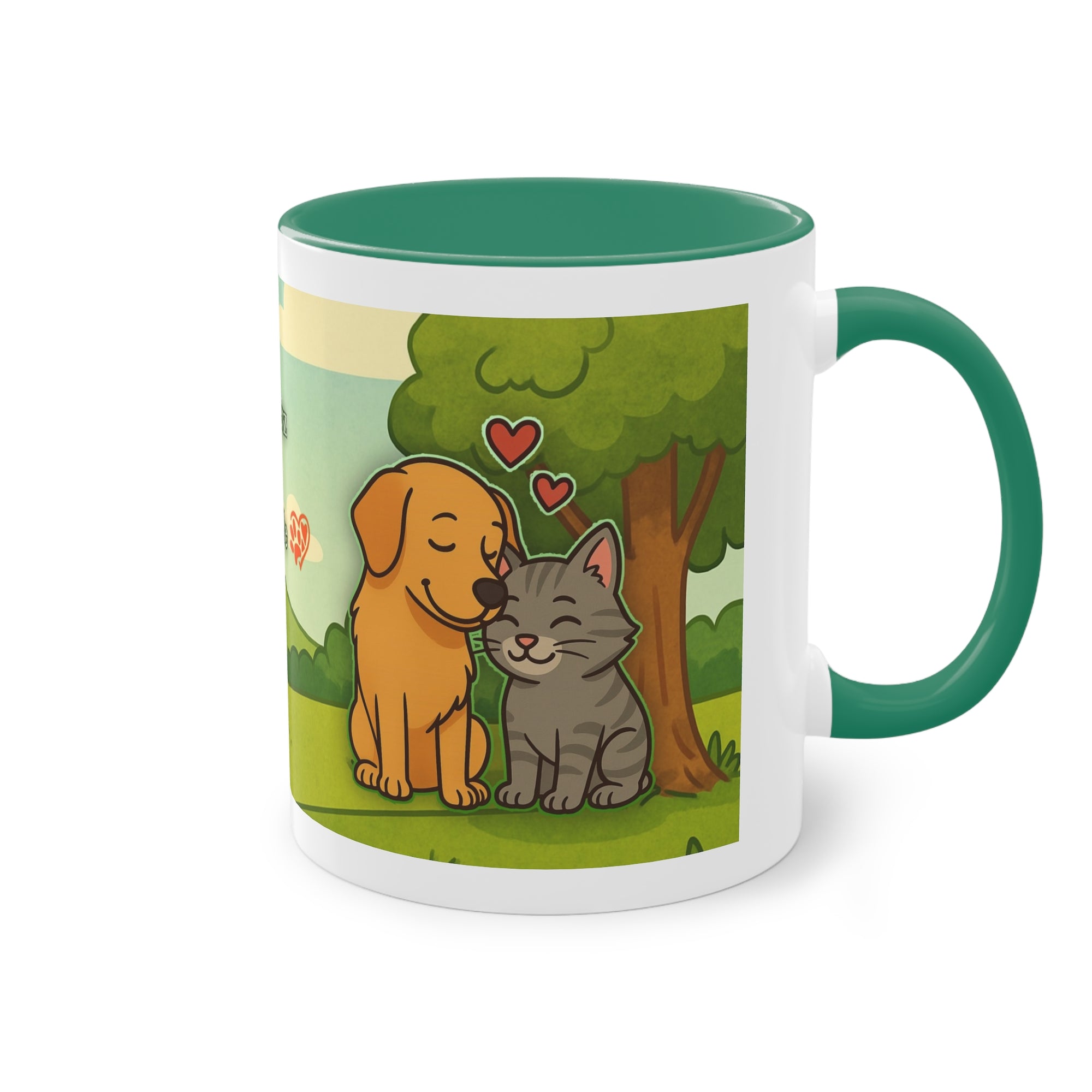Tasse – „Hund und Katze mit Herzchen“ im Comic-Stil, 325 ml