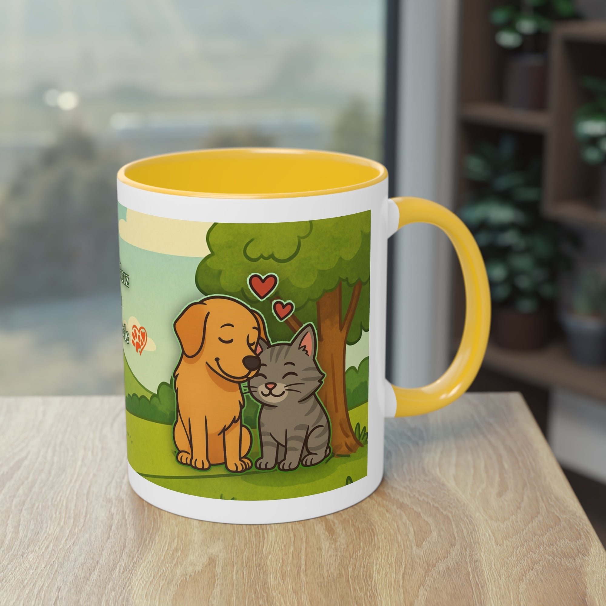 Tasse – „Hund und Katze mit Herzchen“ im Comic-Stil, 325 ml
