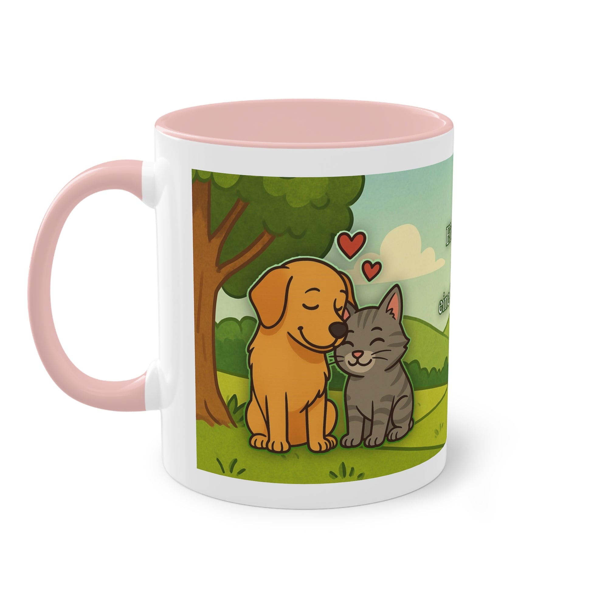 Tasse – „Hund und Katze mit Herzchen“ im Comic-Stil, 325 ml