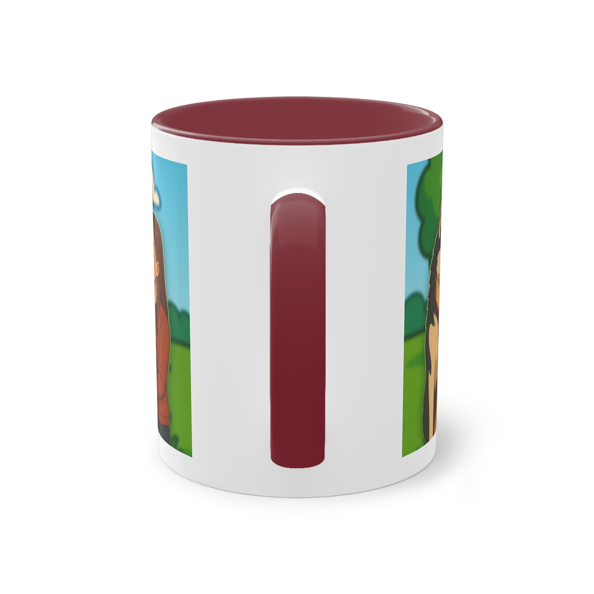 Tasse – „Hund und Katzenliebe mit Frau“ im Comic-Stil, 325 ml