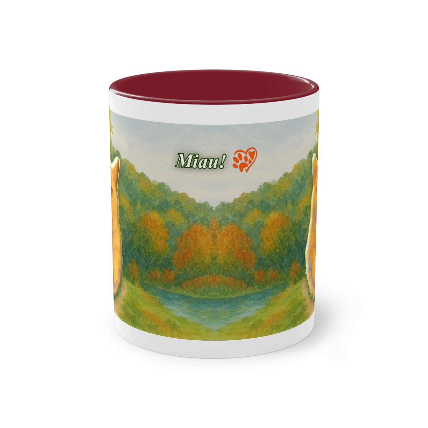 Tasse – Rote Katze mit Bäumen und blauem Himmel im Aquarell-Stil, 325 ml