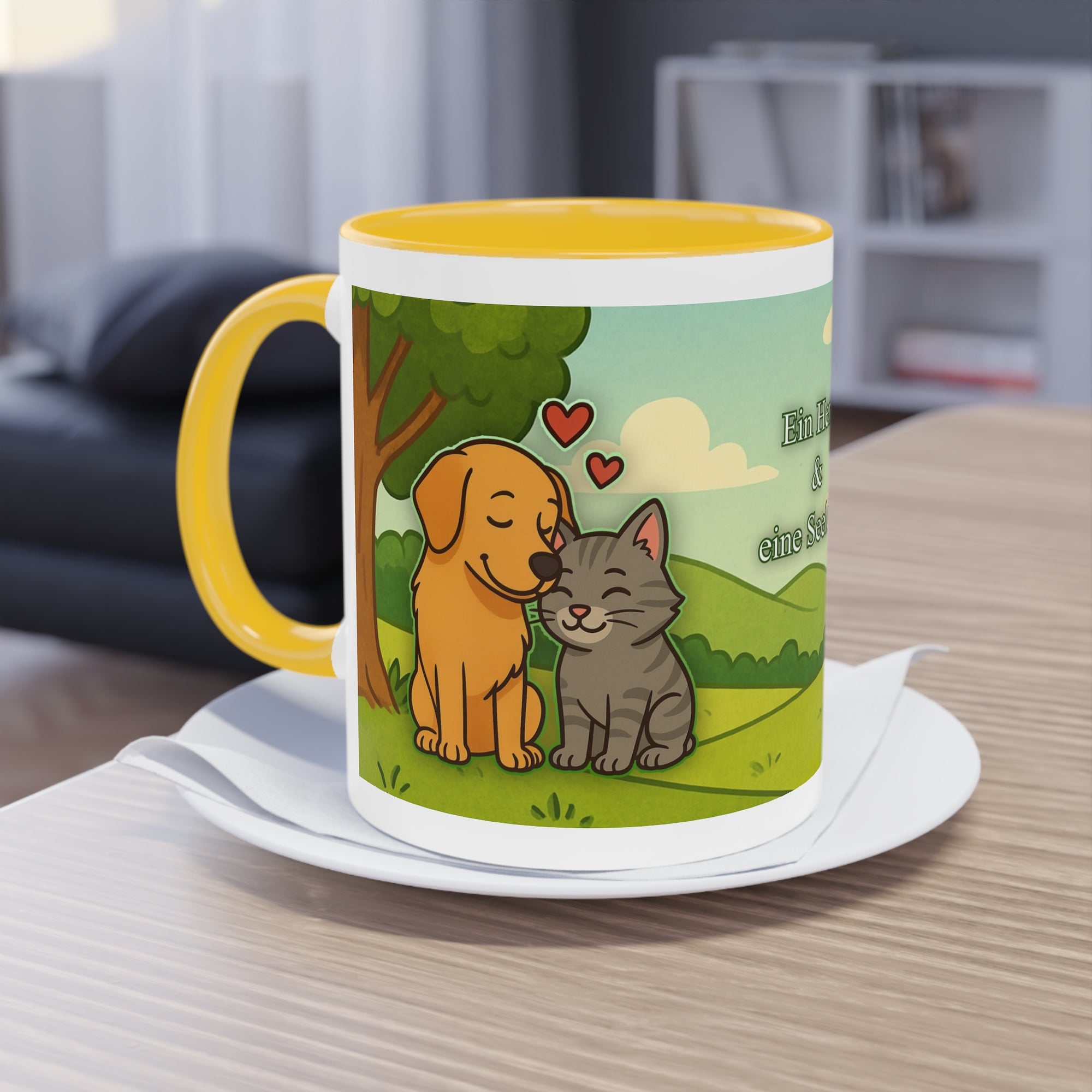 Tasse – „Hund und Katze mit Herzchen“ im Comic-Stil, 325 ml