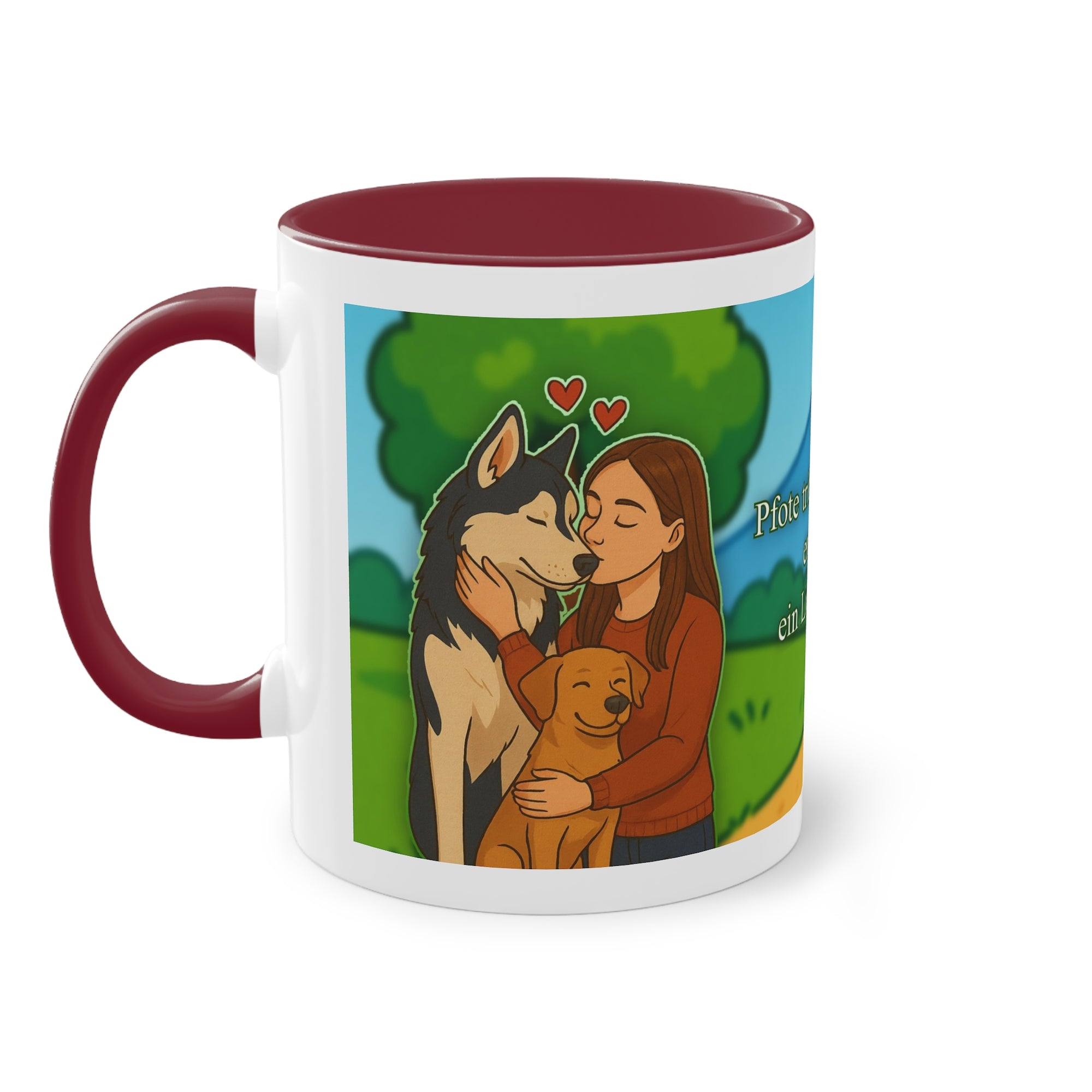 Tasse – „Hund und Katzenliebe mit Frau“ im Comic-Stil, 325 ml