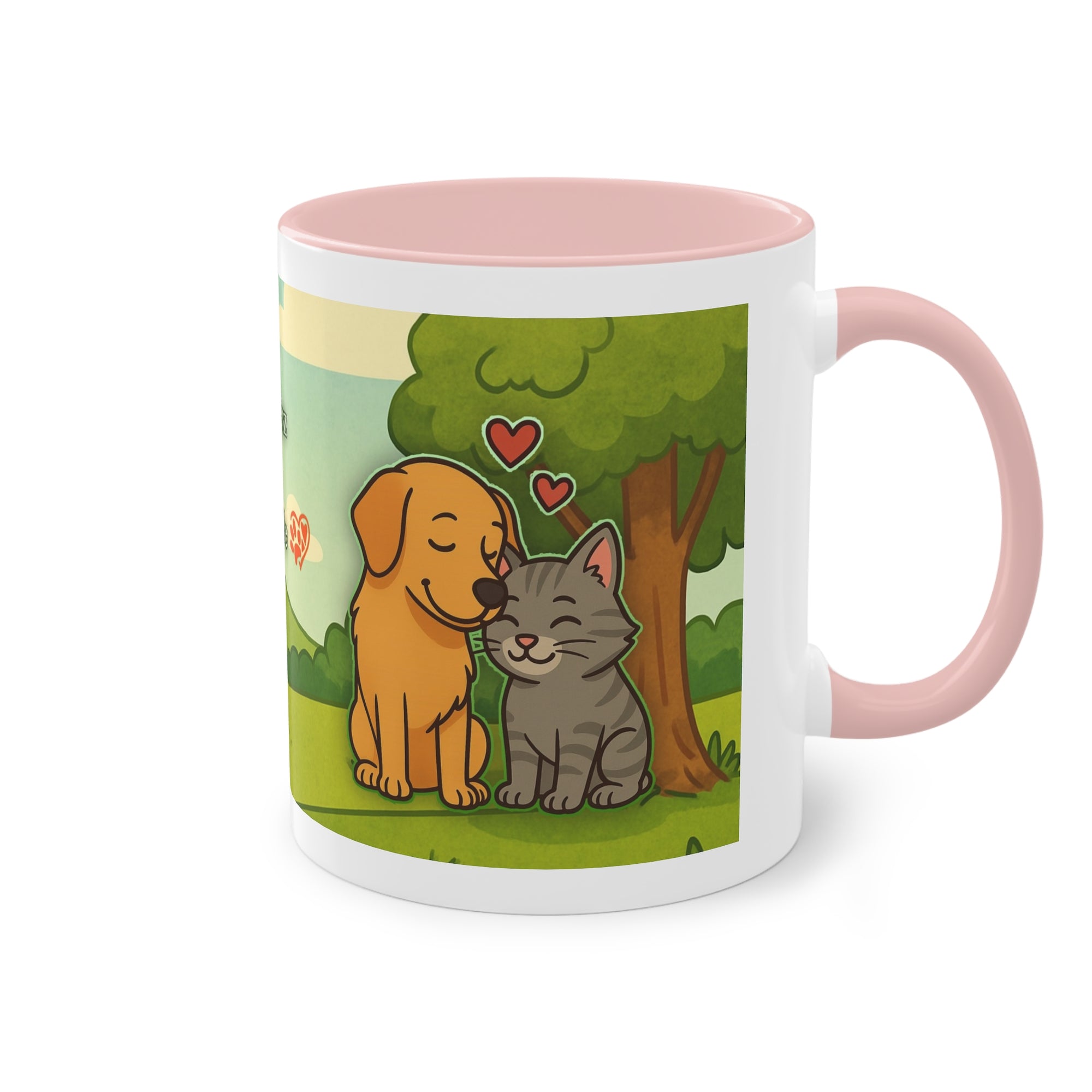 Tasse – „Hund und Katze mit Herzchen“ im Comic-Stil, 325 ml