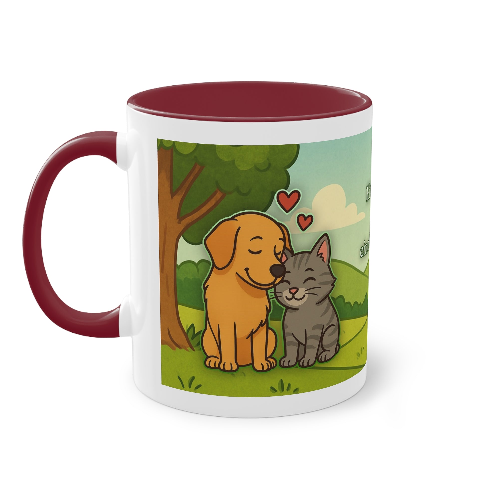 Tasse – „Hund und Katze mit Herzchen“ im Comic-Stil, 325 ml