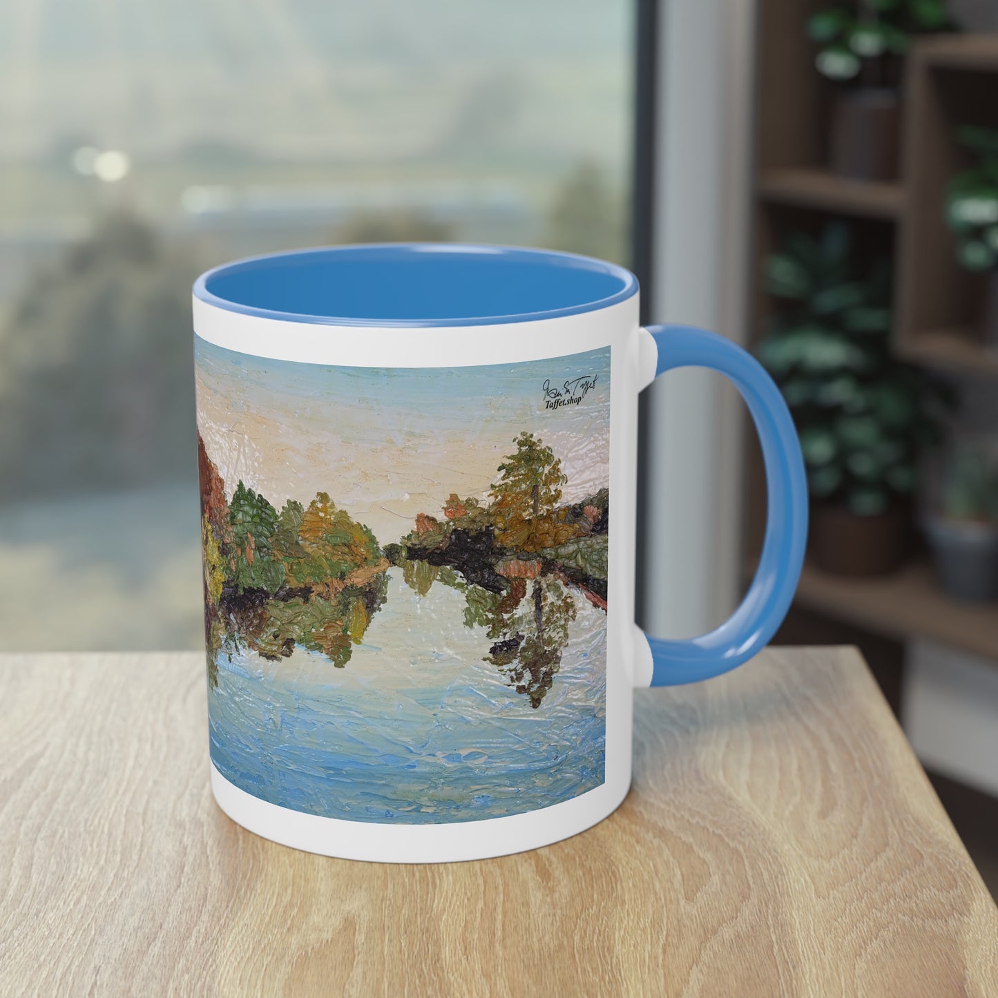 Künstlertasse „Blue River Motif“ Reproduktion eines Impasto-Ölgemäldes von Monika Taffet