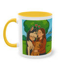 Tasse – „Hund und Katzenliebe mit Frau“ im Comic-Stil, 325 ml