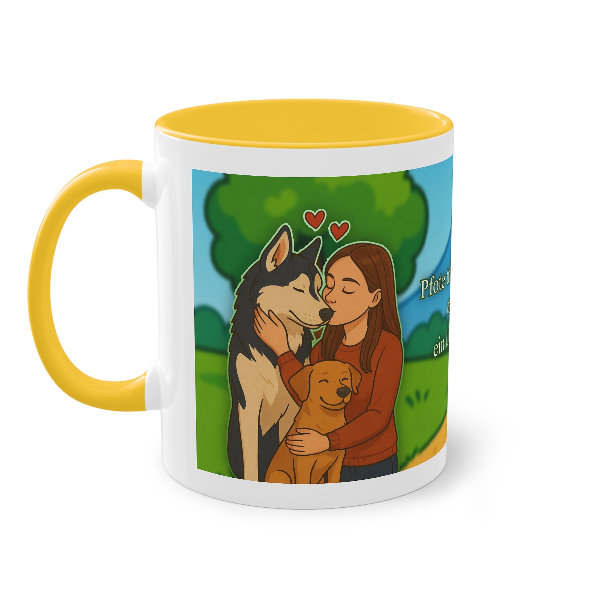 Tasse – „Hund und Katzenliebe mit Frau“ im Comic-Stil, 325 ml