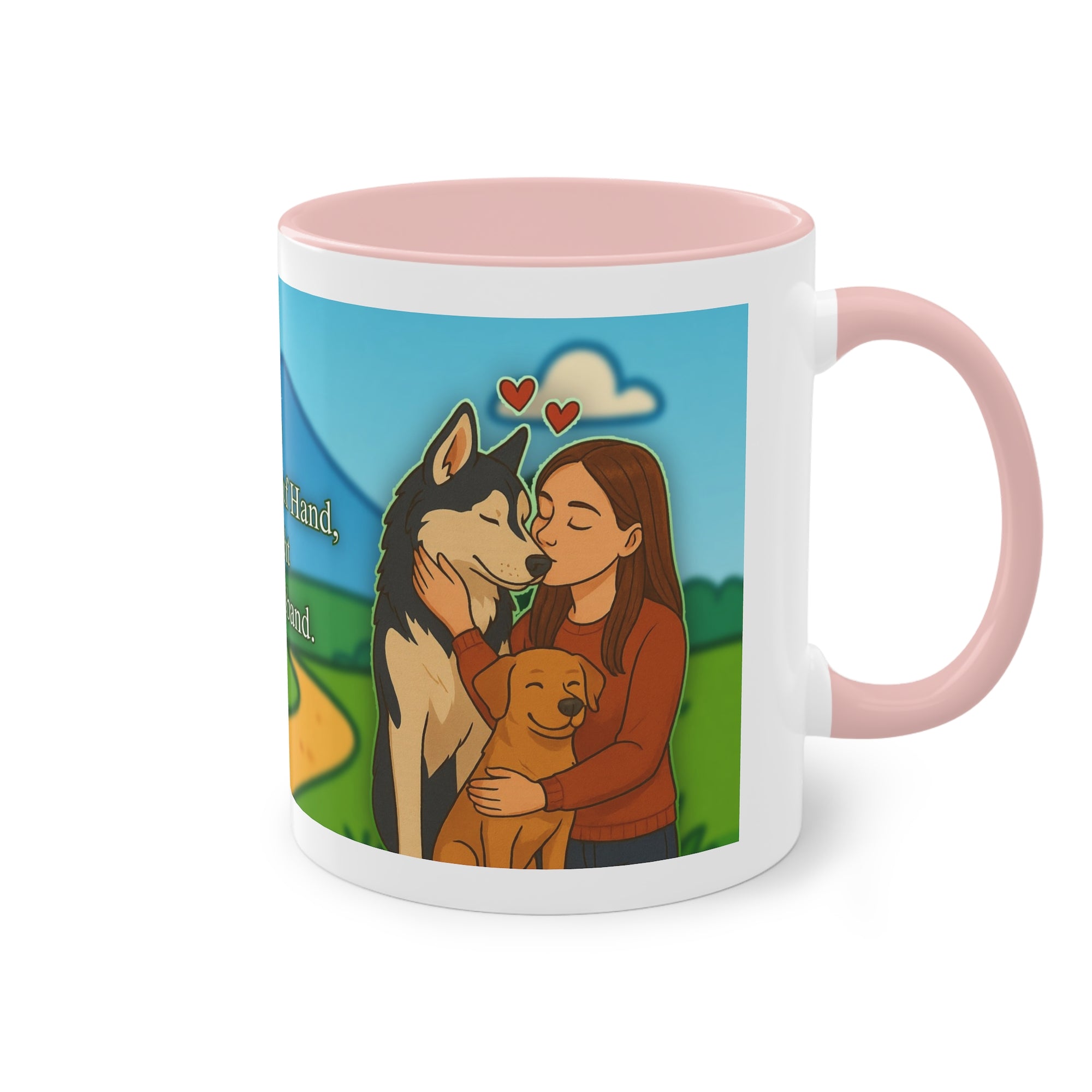 Tasse – „Hund und Katzenliebe mit Frau“ im Comic-Stil, 325 ml