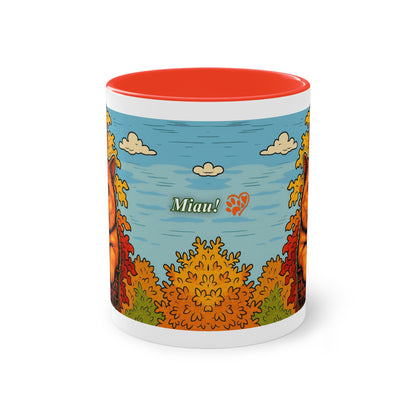 Tasse – Rote Katze mit Bäumen und blauem Himmel im Comic-Stil, 325 ml