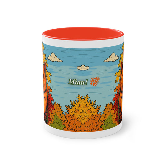 Mug – Red cat with trees and blue sky in comic style, 325 ml 