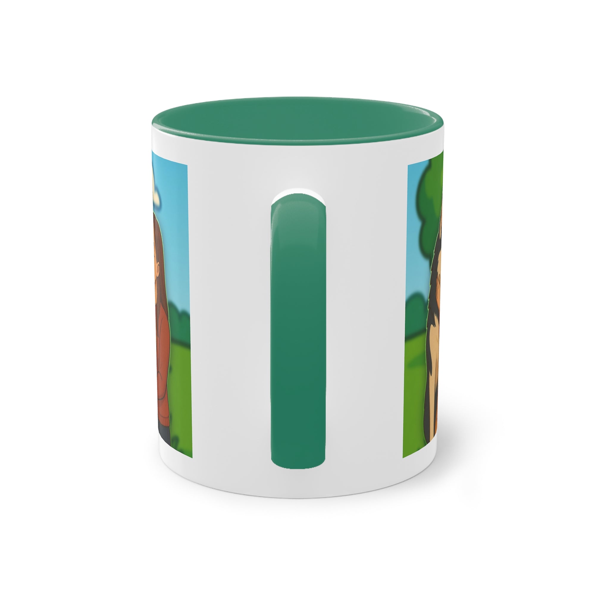 Tasse – „Hund und Katzenliebe mit Frau“ im Comic-Stil, 325 ml