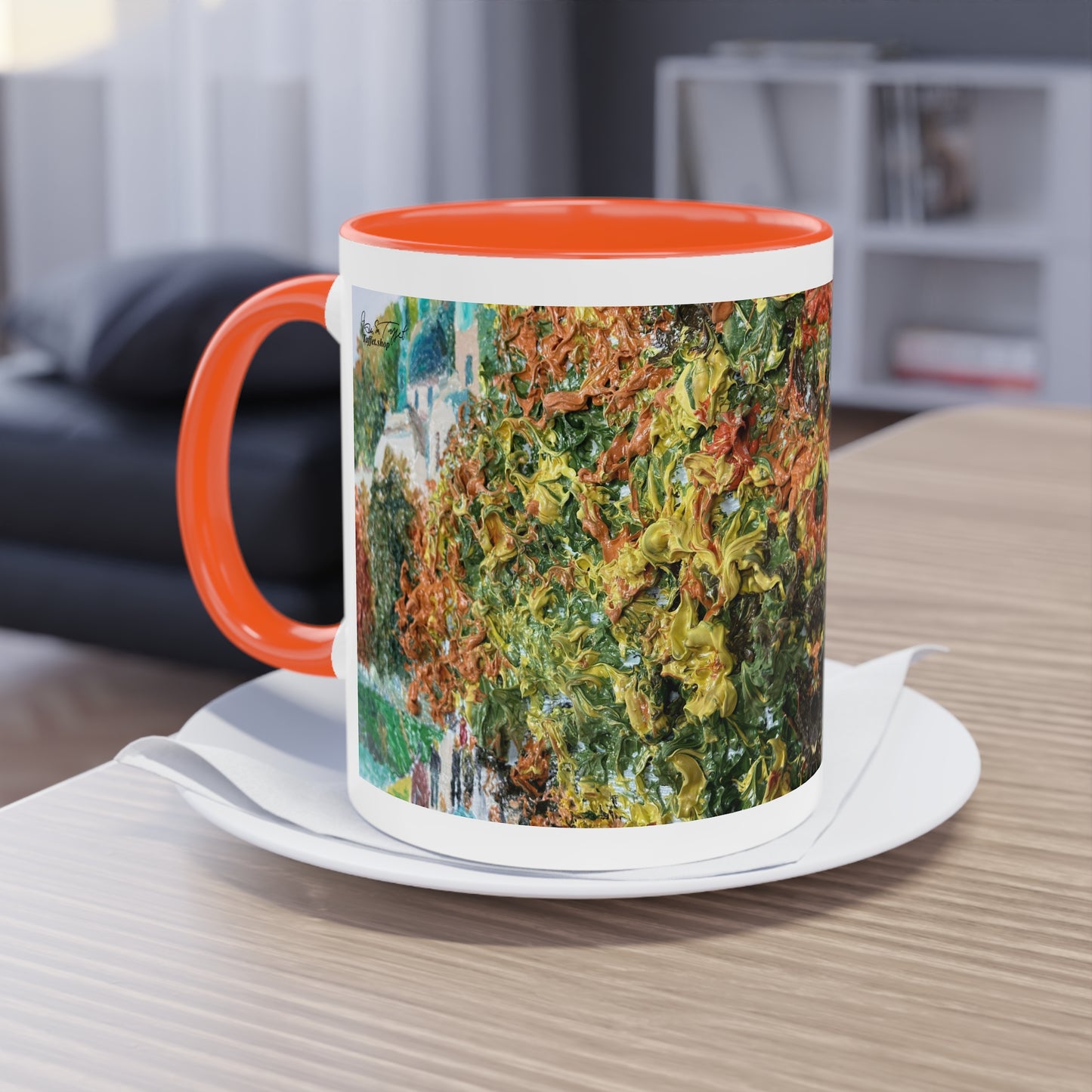 Künstlertasse „Herbstmotiv“ Reproduktion eines Impasto-Ölgemäldes von Monika Taffet