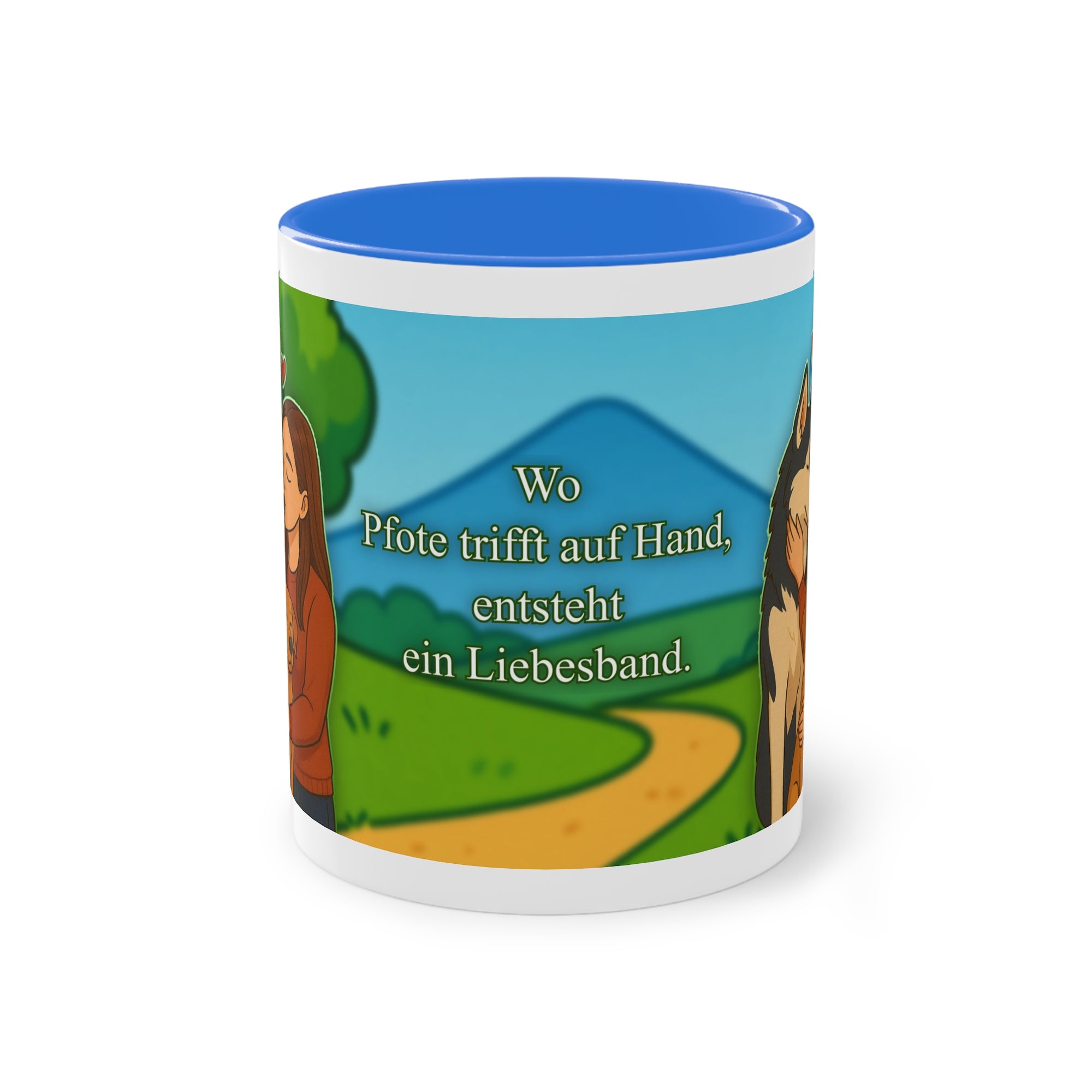 Tasse – „Hund und Katzenliebe mit Frau“ im Comic-Stil, 325 ml