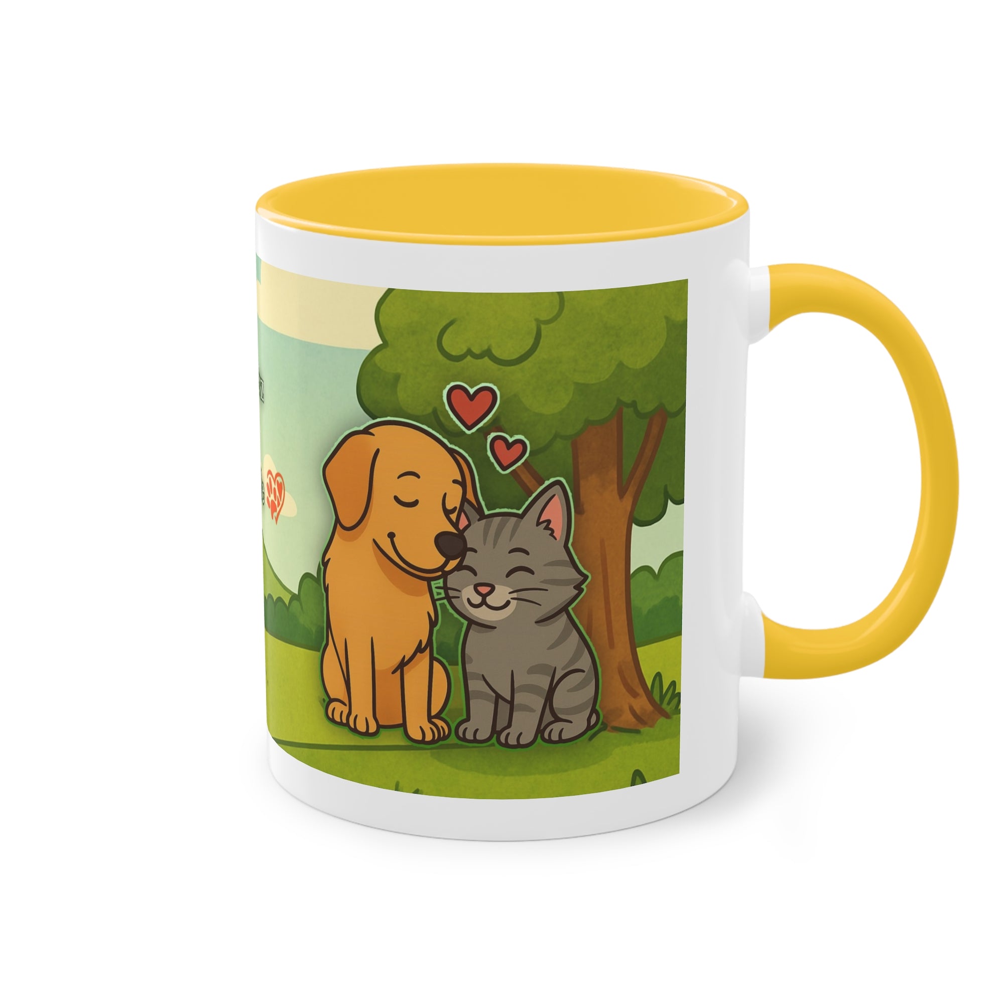 Tasse – „Hund und Katze mit Herzchen“ im Comic-Stil, 325 ml