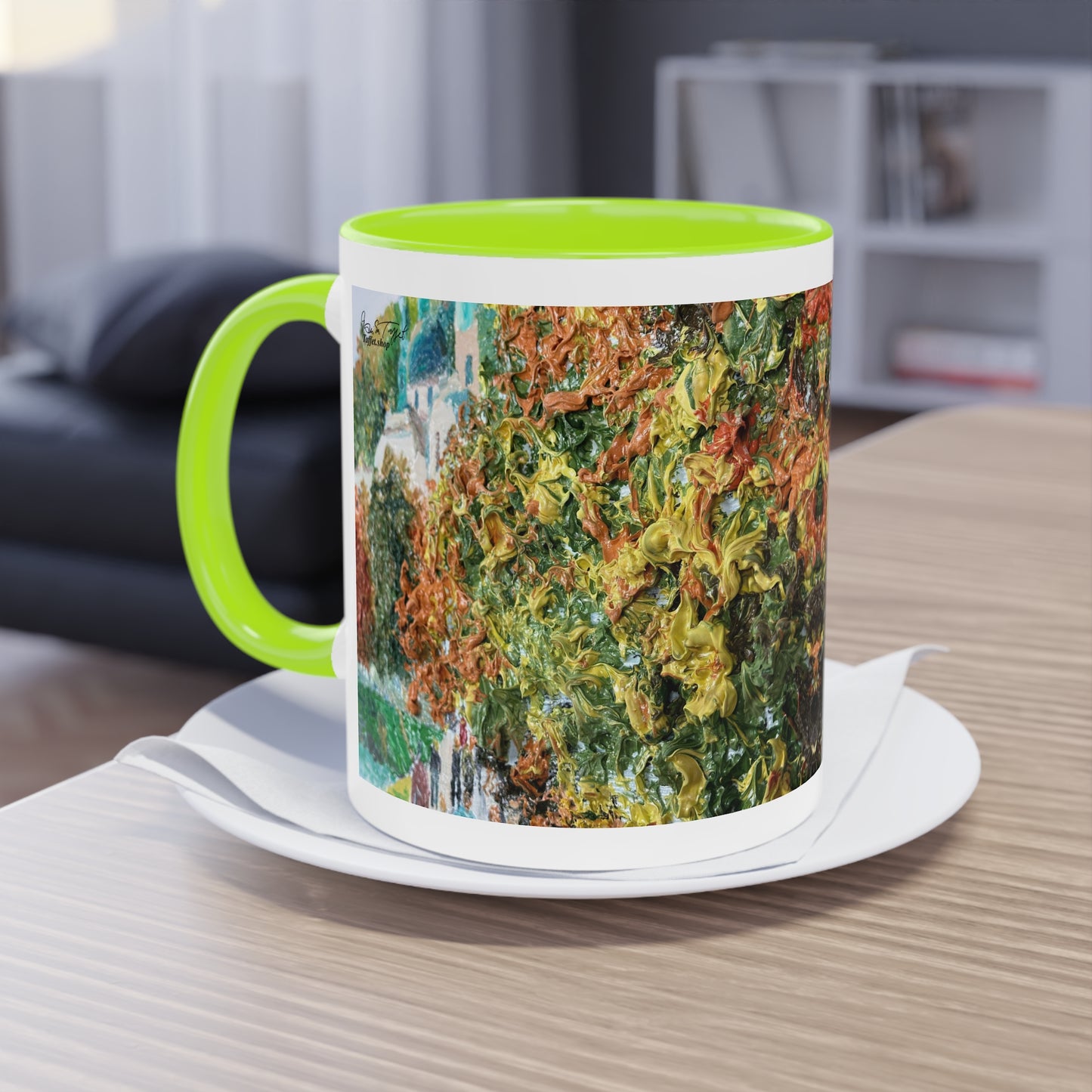 Künstlertasse „Herbstmotiv“ Reproduktion eines Impasto-Ölgemäldes von Monika Taffet