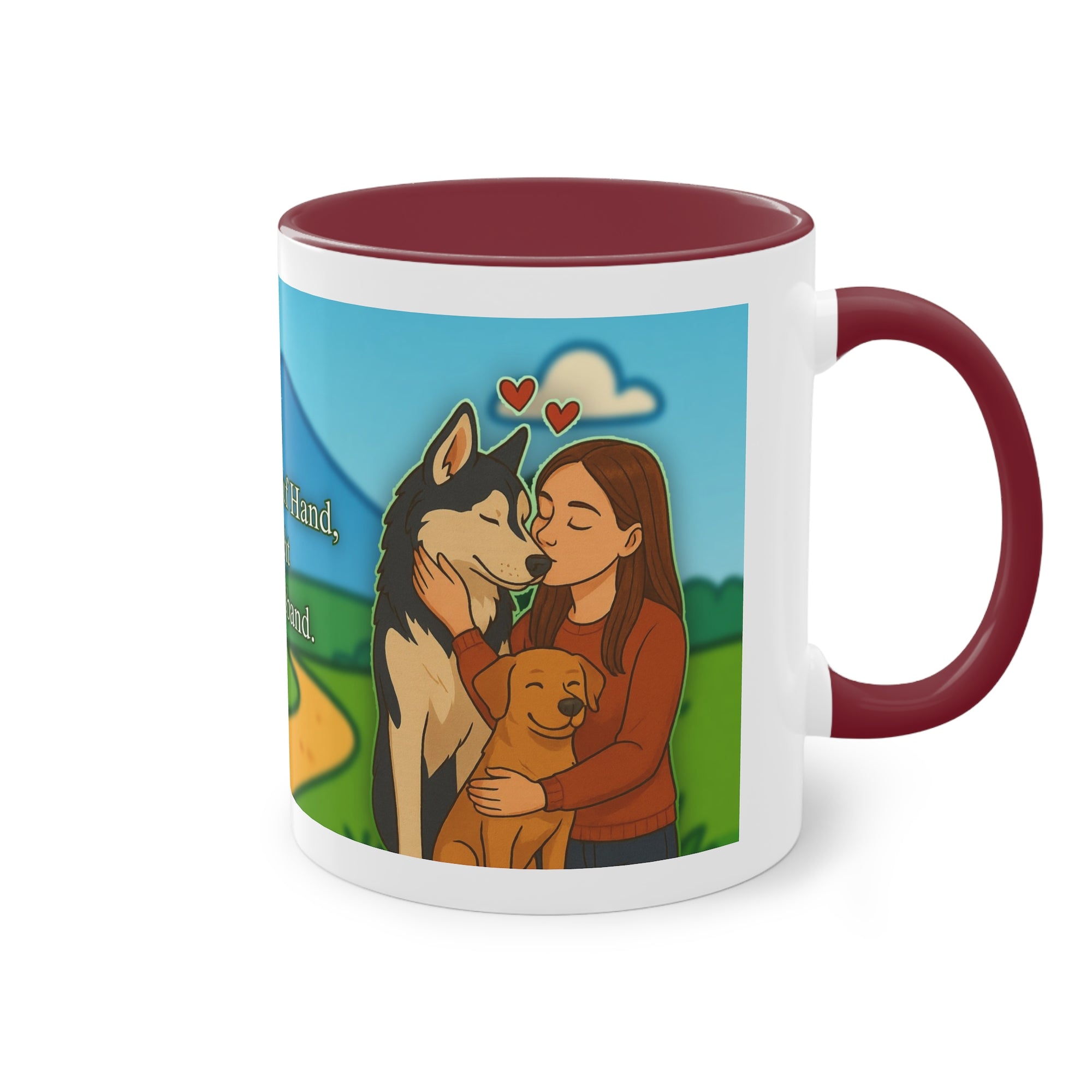 Tasse – „Hund und Katzenliebe mit Frau“ im Comic-Stil, 325 ml