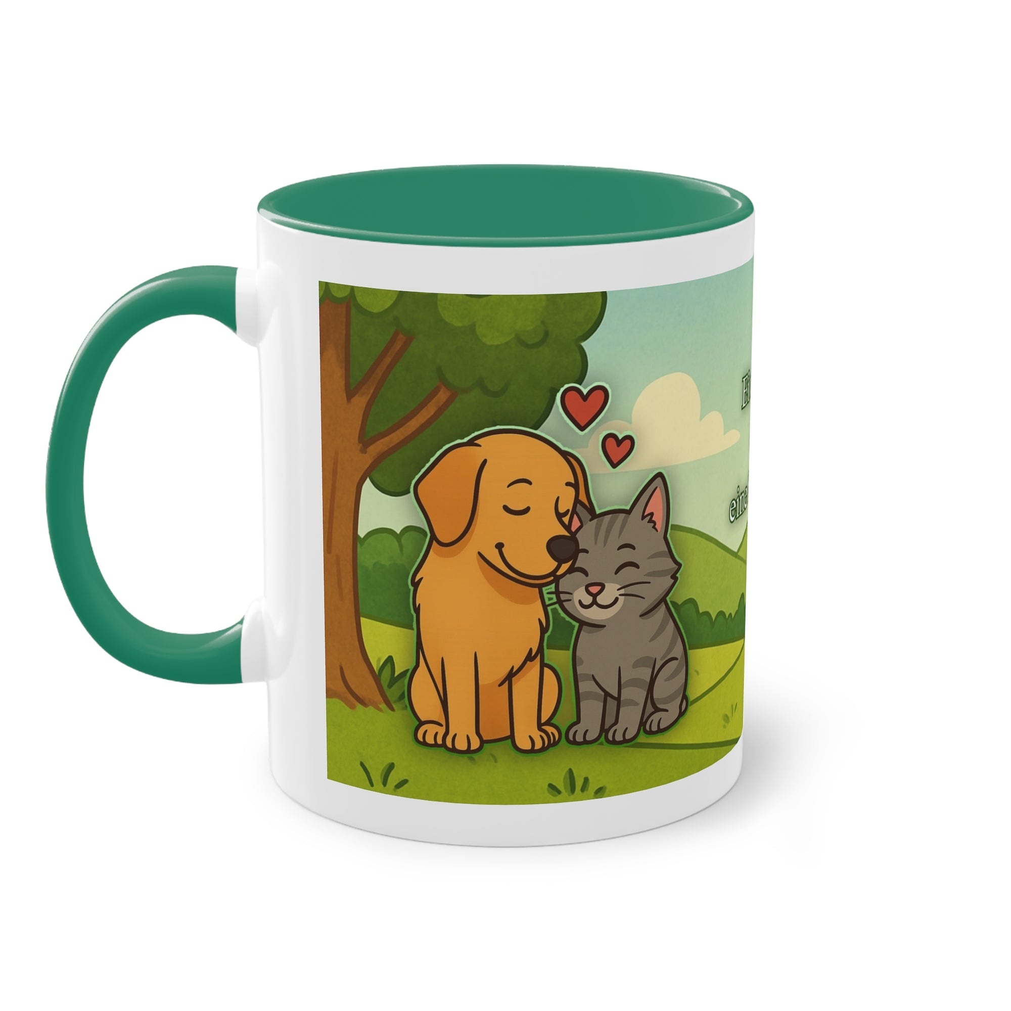 Tasse – „Hund und Katze mit Herzchen“ im Comic-Stil, 325 ml