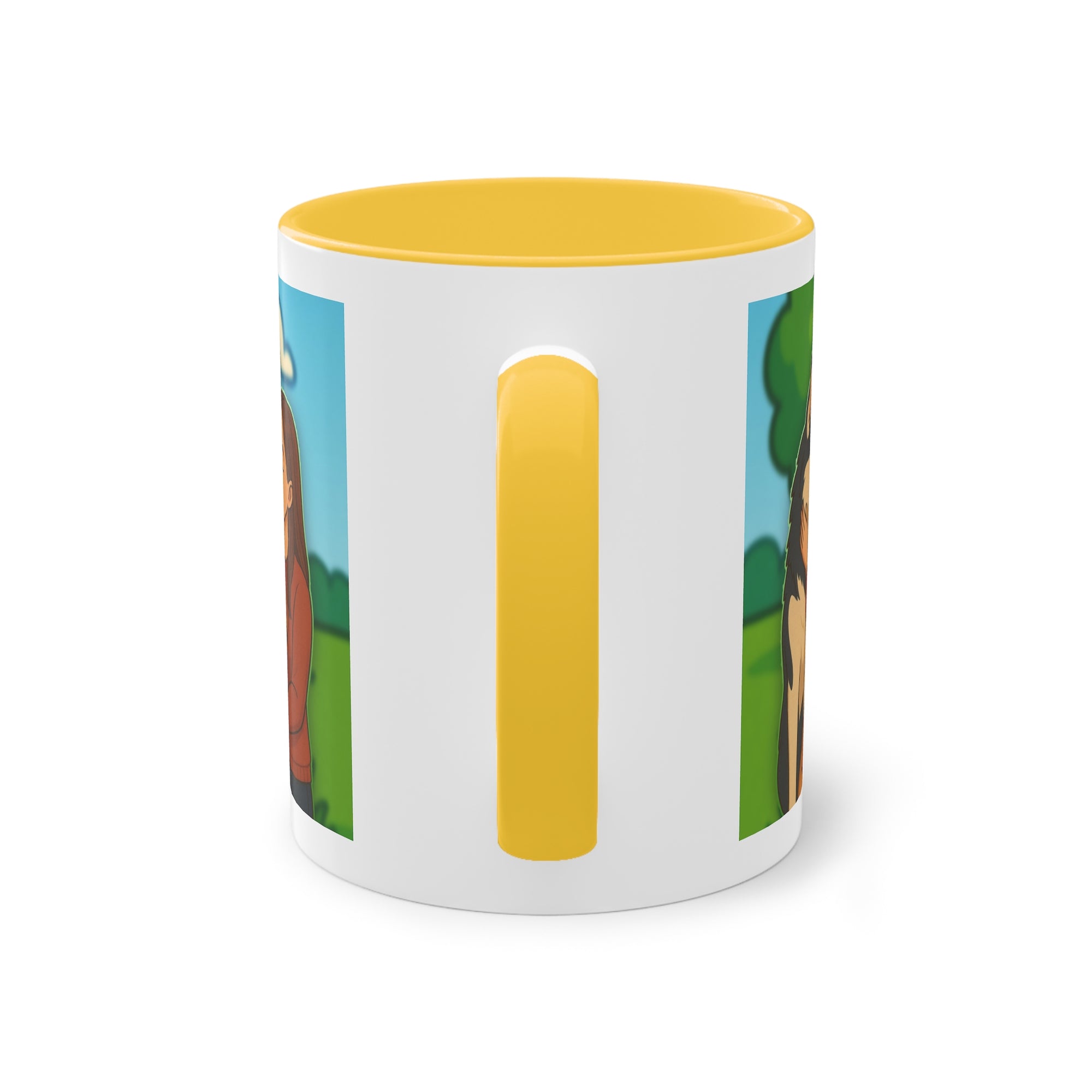 Tasse – „Hund und Katzenliebe mit Frau“ im Comic-Stil, 325 ml