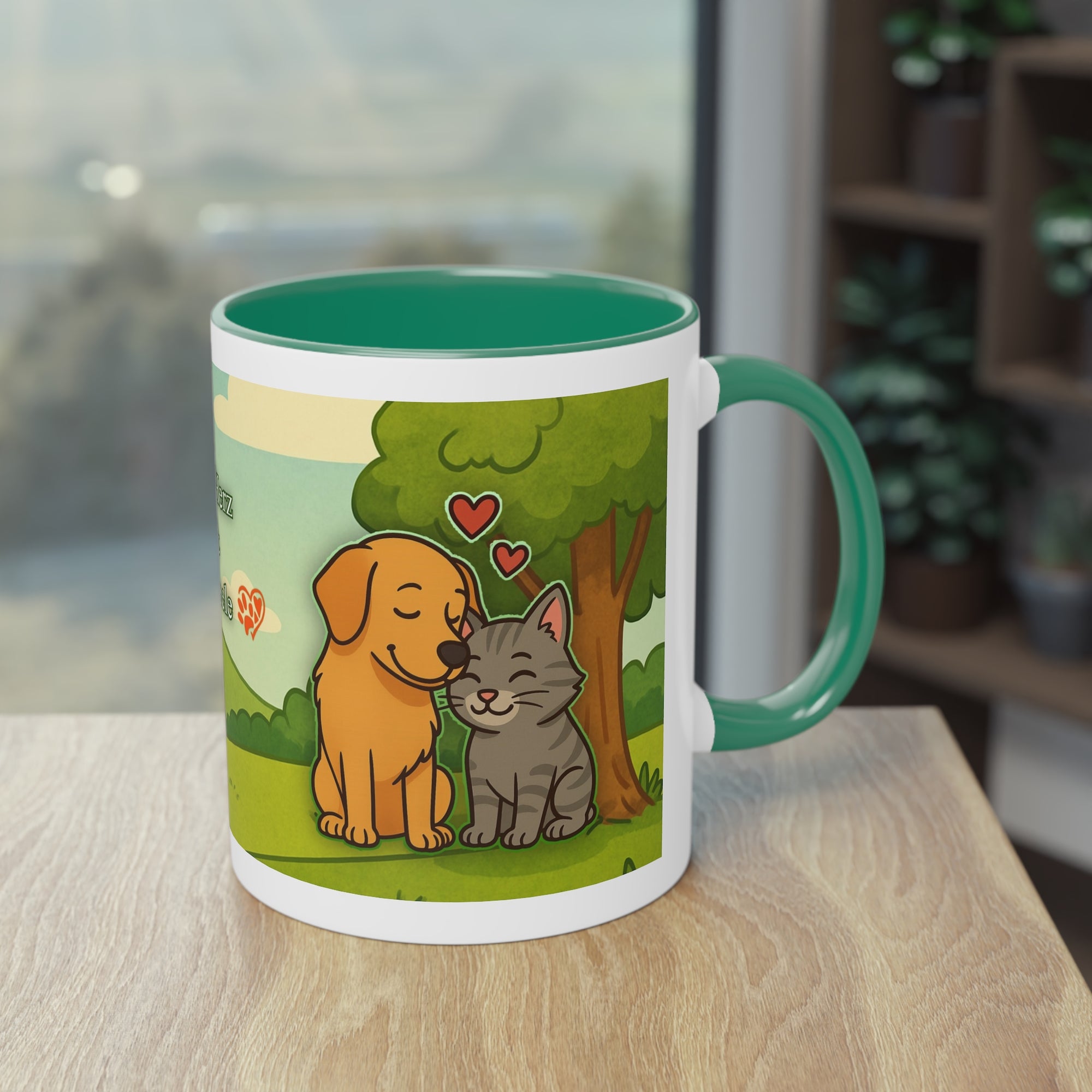 Tasse – „Hund und Katze mit Herzchen“ im Comic-Stil, 325 ml