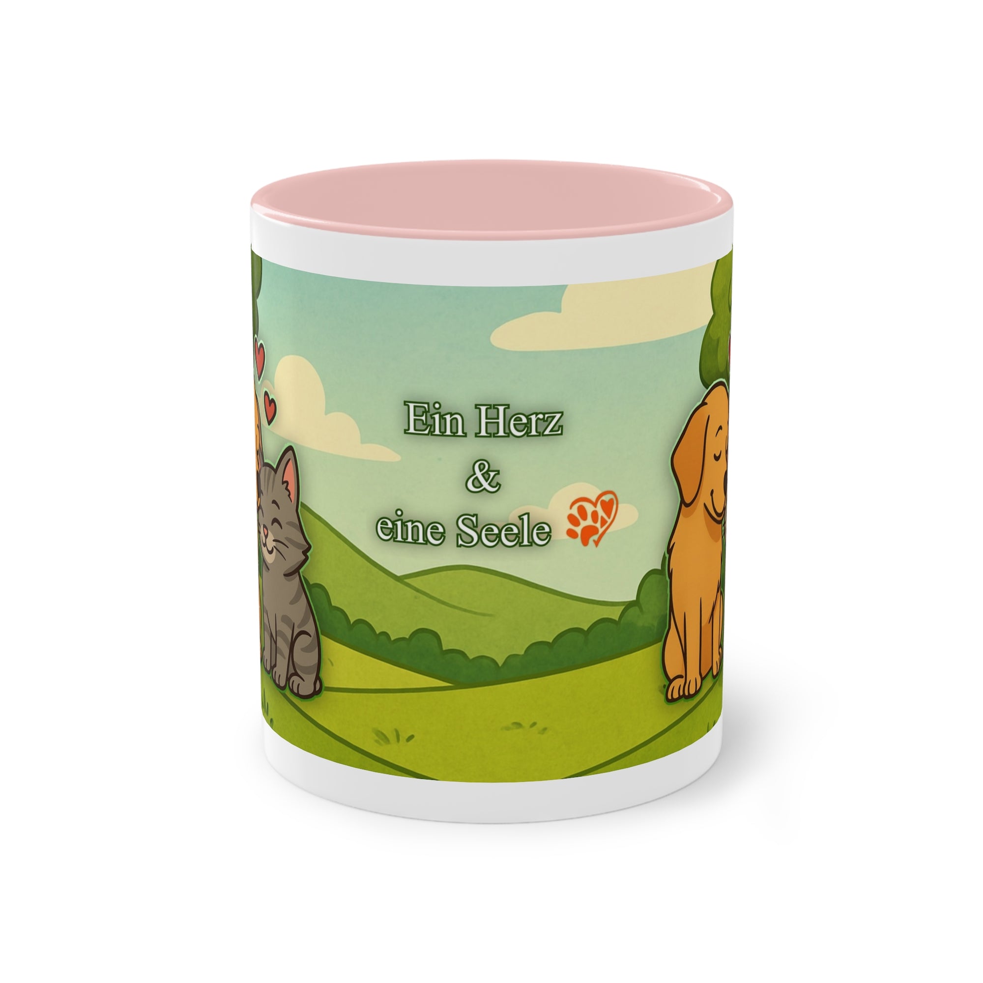 Tasse – „Hund und Katze mit Herzchen“ im Comic-Stil, 325 ml