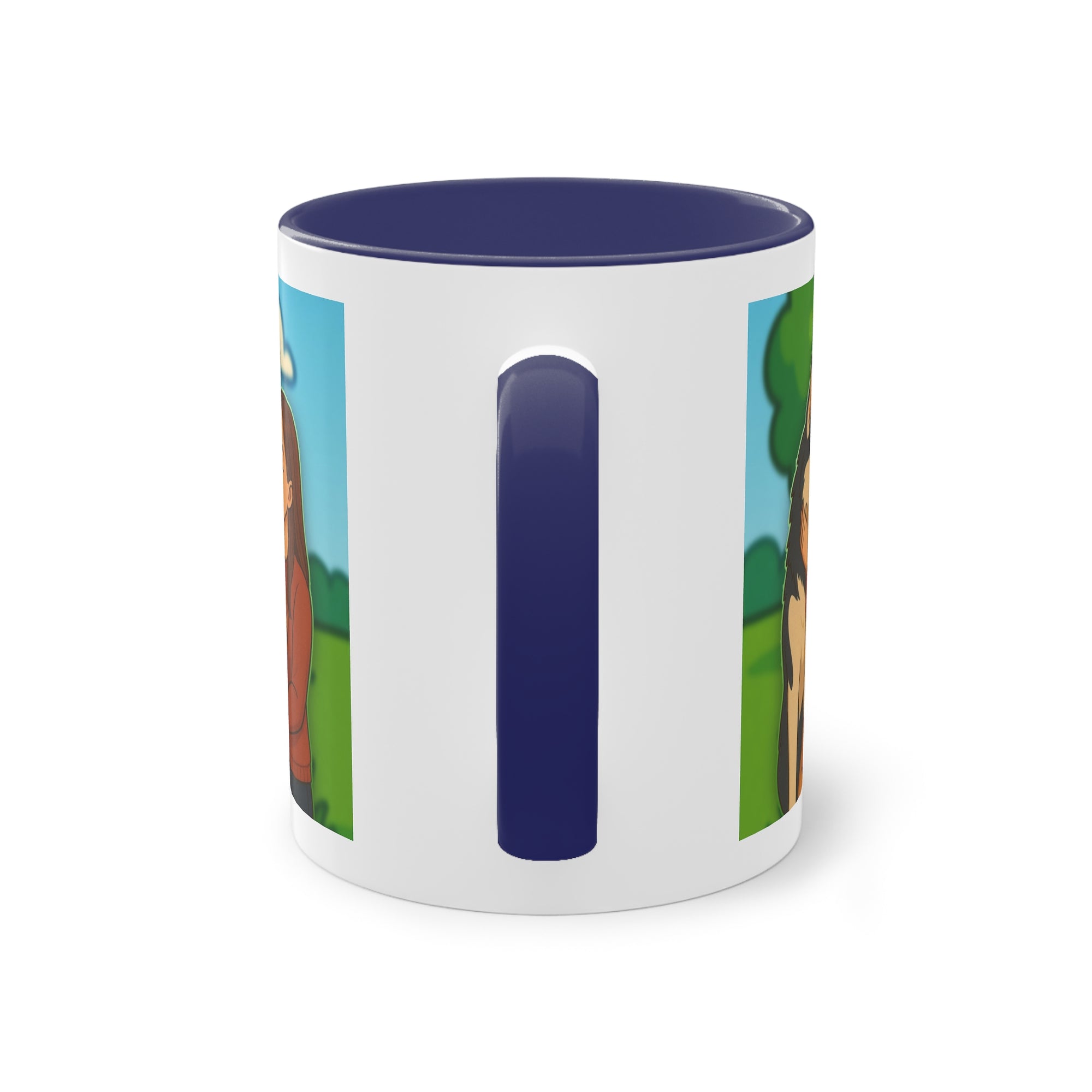 Tasse – „Hund und Katzenliebe mit Frau“ im Comic-Stil, 325 ml