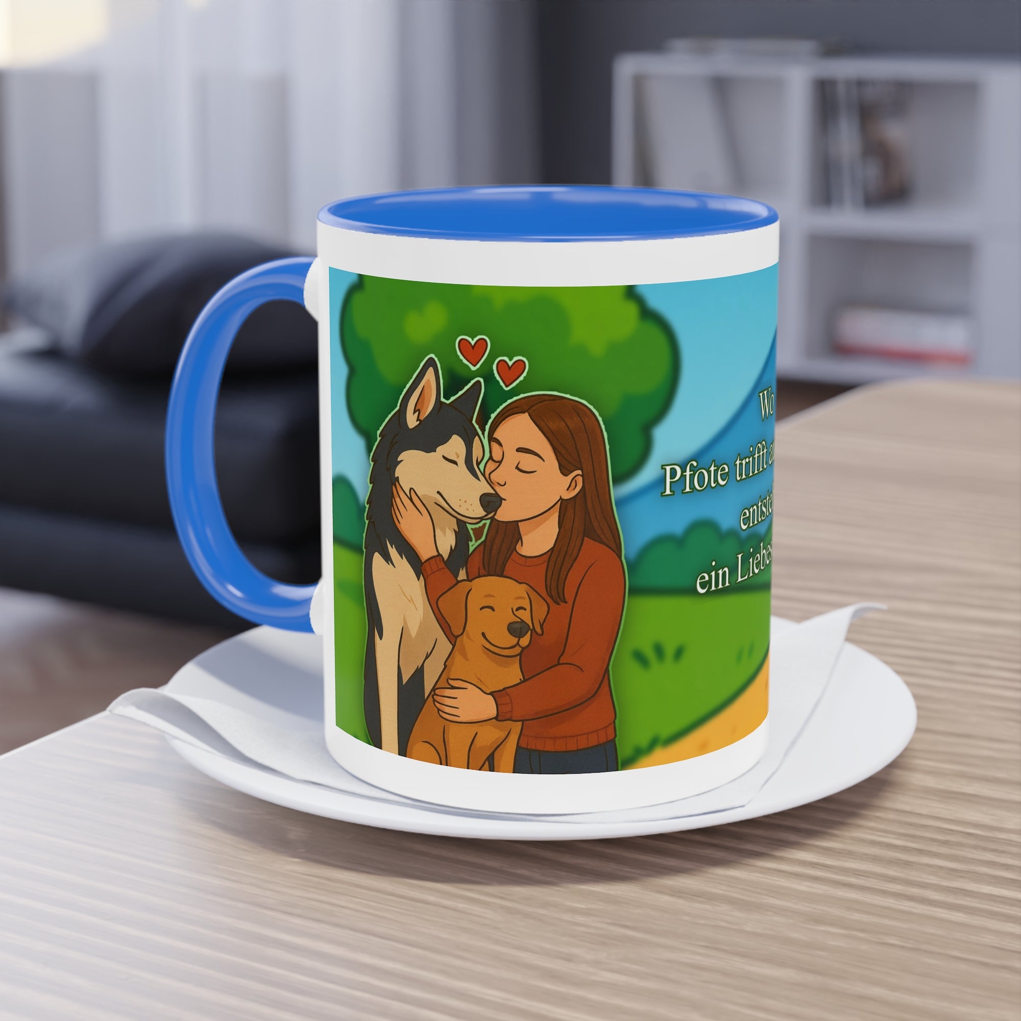 Tasse – „Hund und Katzenliebe mit Frau“ im Comic-Stil, 325 ml