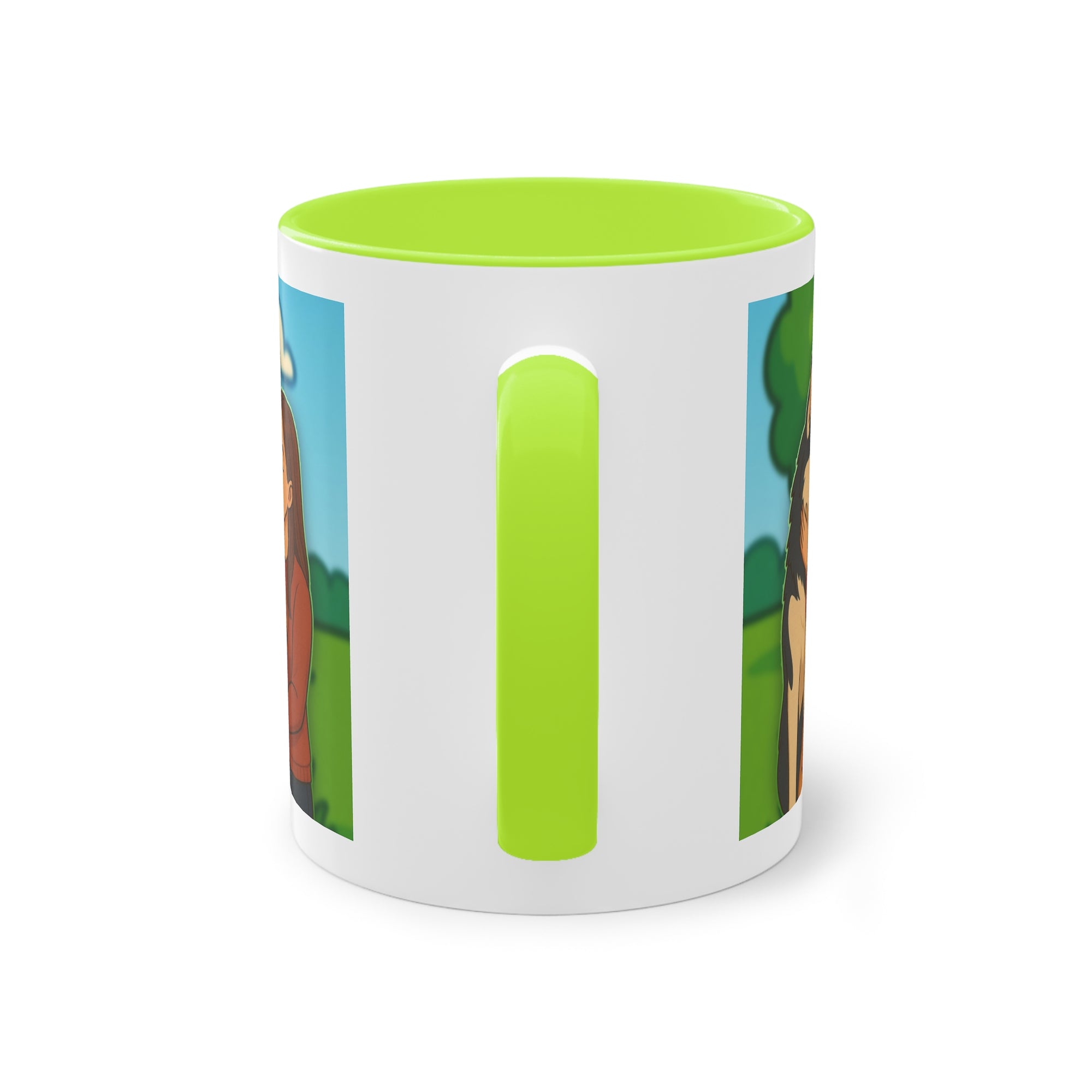 Tasse – „Hund und Katzenliebe mit Frau“ im Comic-Stil, 325 ml