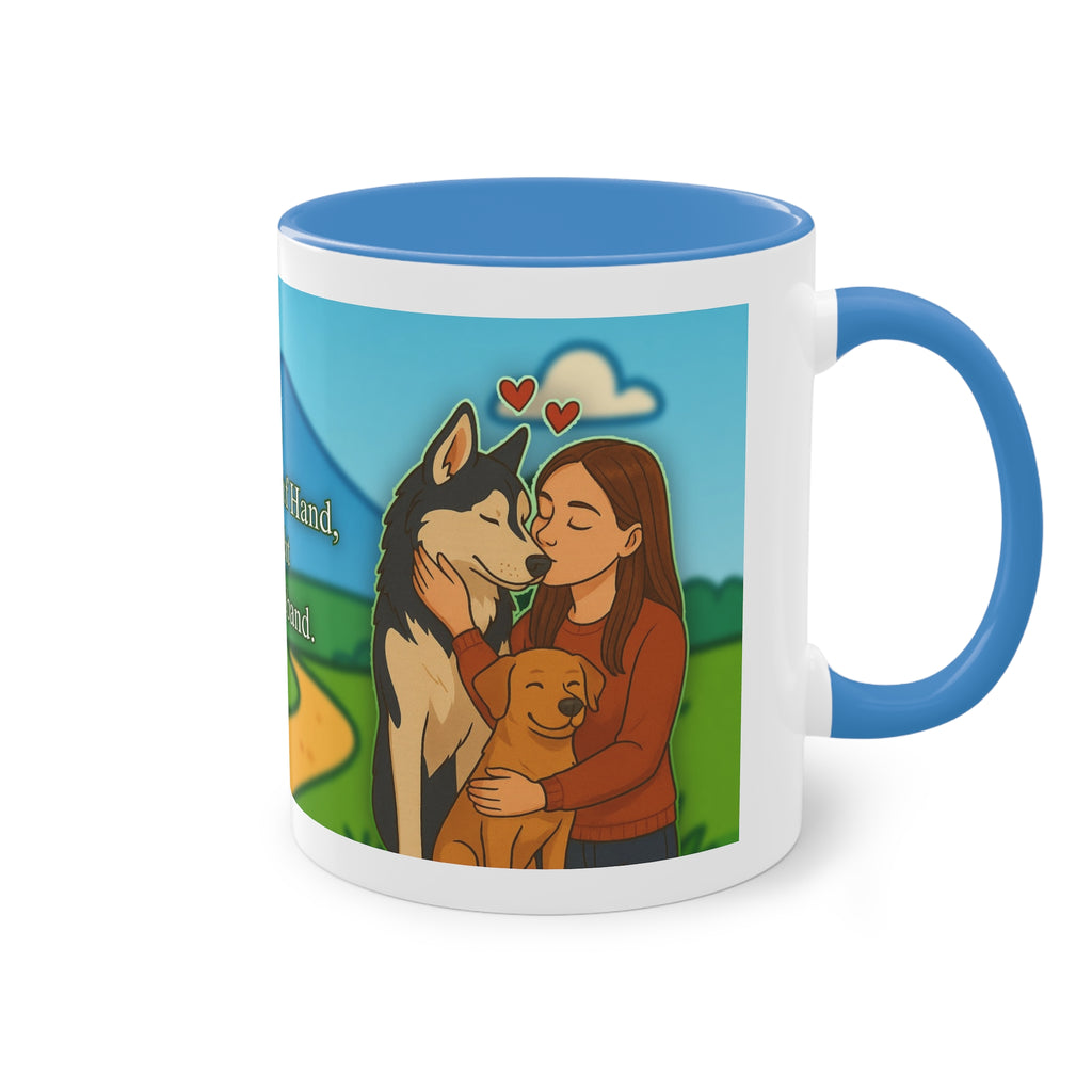 Tasse – „Hund und Katzenliebe mit Frau“ im Comic-Stil, 325 ml
