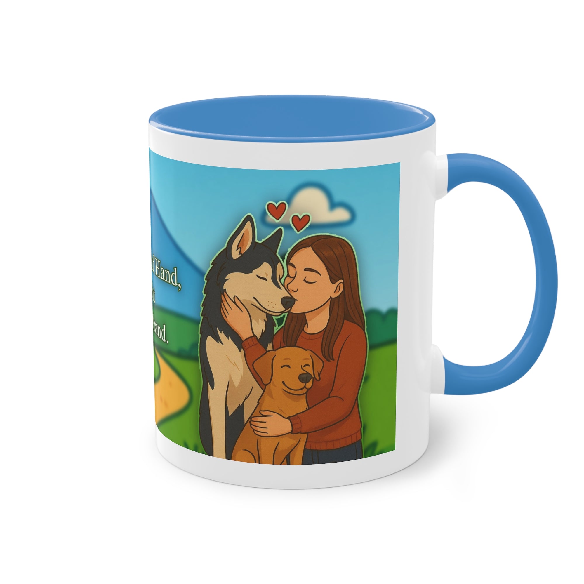 Tasse – „Hund und Katzenliebe mit Frau“ im Comic-Stil, 325 ml
