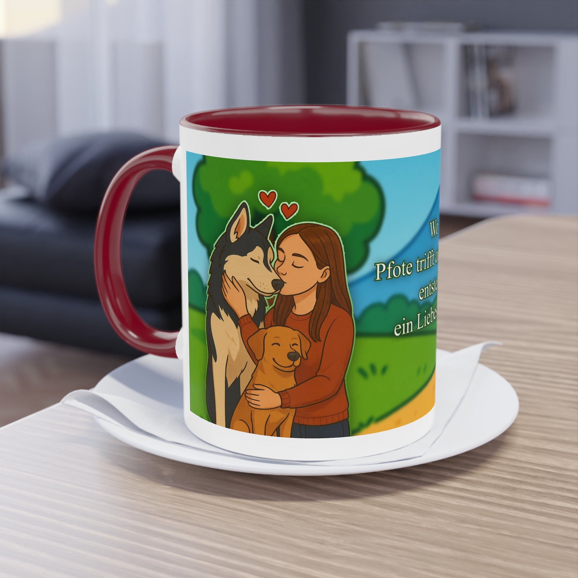 Tasse – „Hund und Katzenliebe mit Frau“ im Comic-Stil, 325 ml
