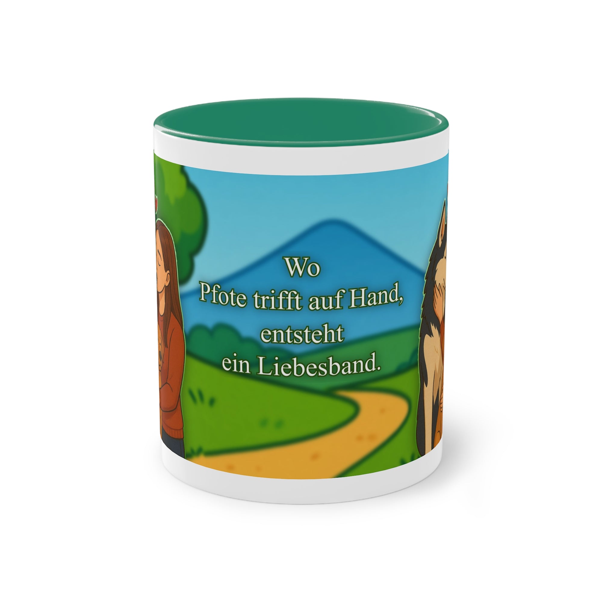 Tasse – „Hund und Katzenliebe mit Frau“ im Comic-Stil, 325 ml