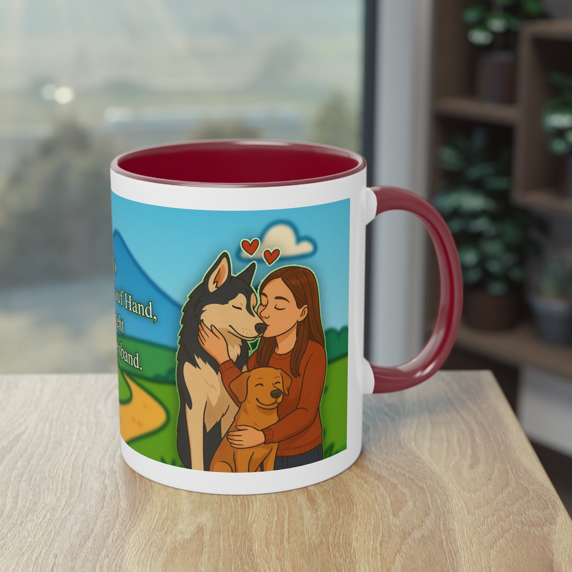 Tasse – „Hund und Katzenliebe mit Frau“ im Comic-Stil, 325 ml