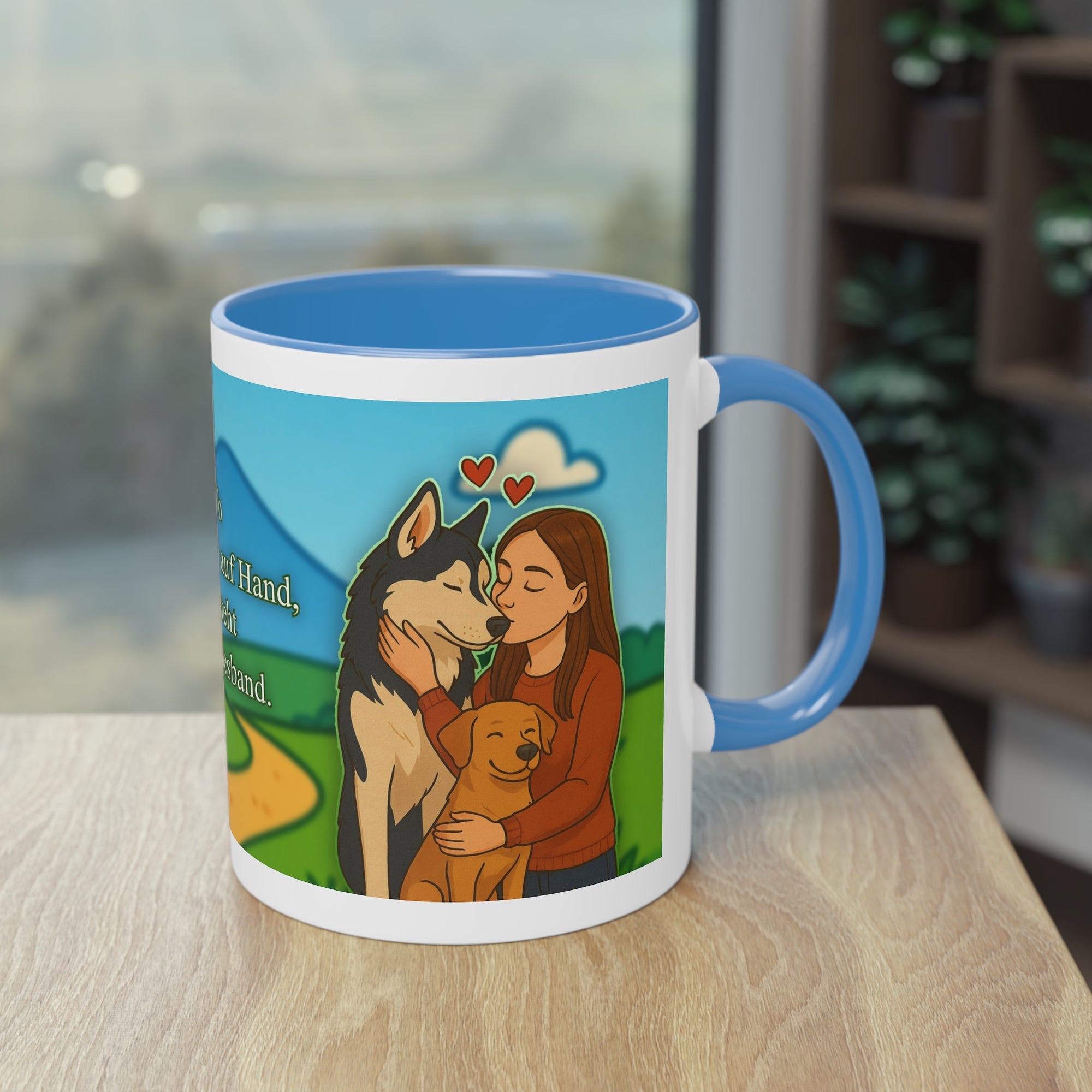 Tasse – „Hund und Katzenliebe mit Frau“ im Comic-Stil, 325 ml