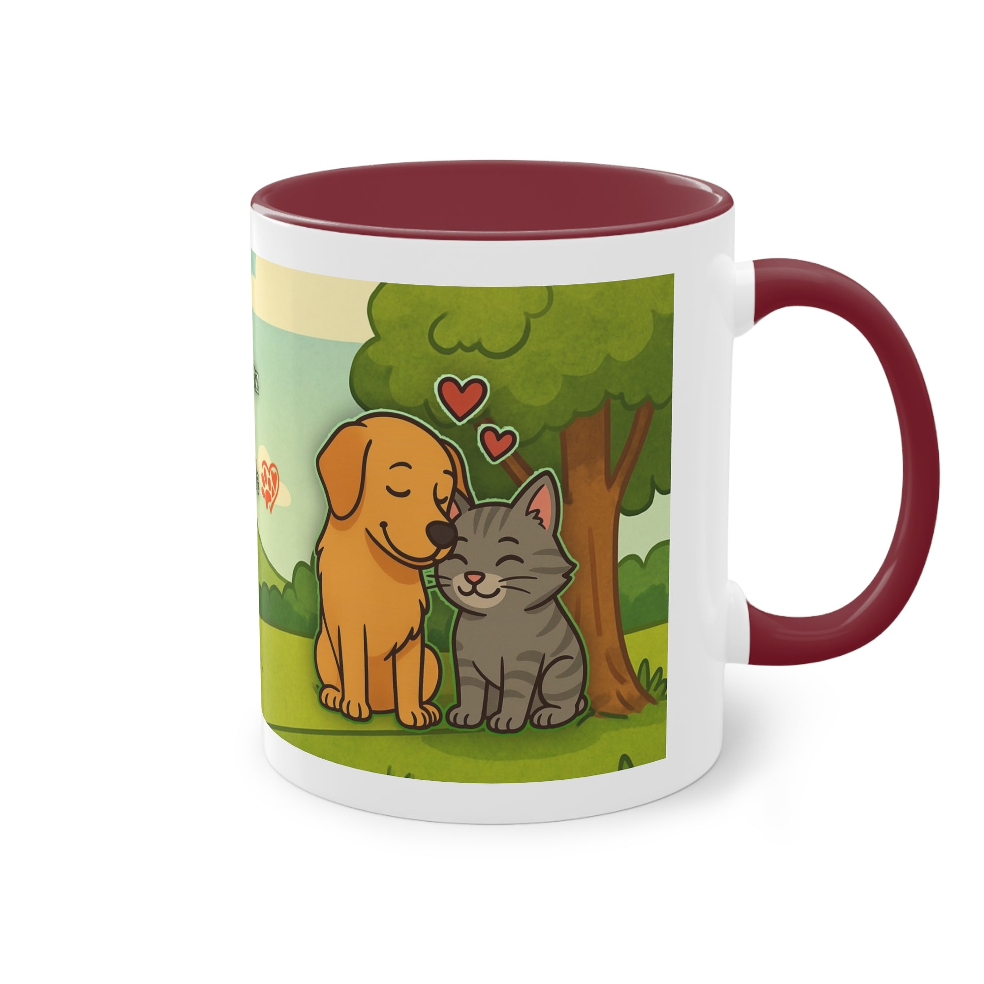 Tasse – „Hund und Katze mit Herzchen“ im Comic-Stil, 325 ml