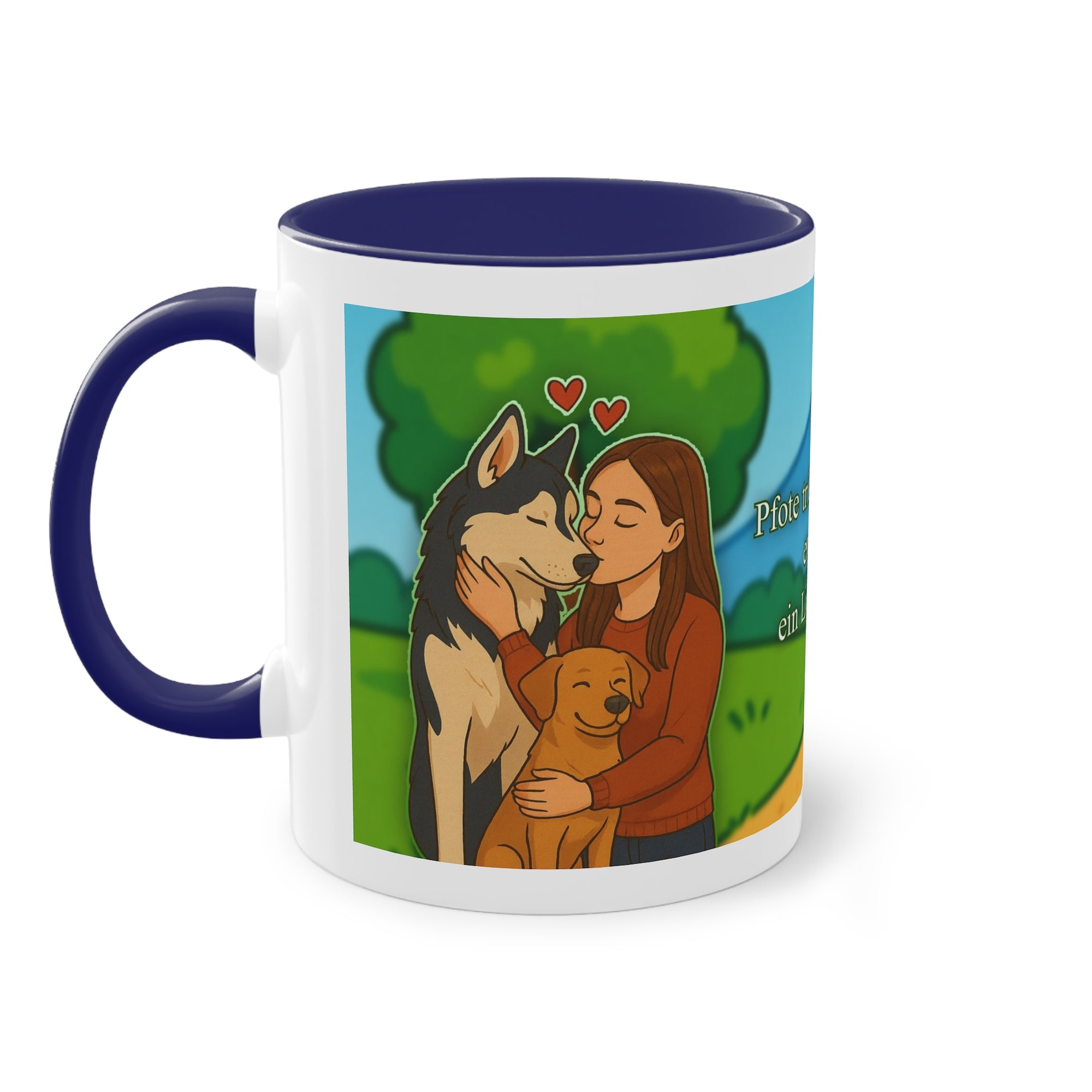 Tasse – „Hund und Katzenliebe mit Frau“ im Comic-Stil, 325 ml