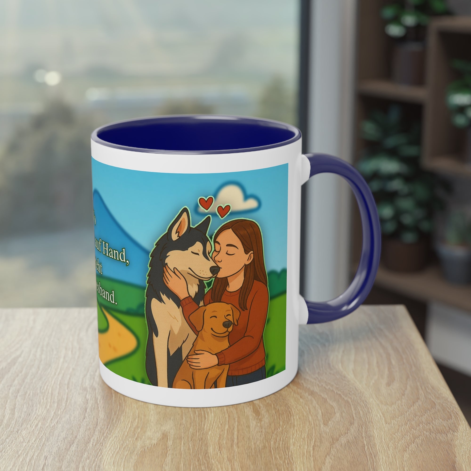 Tasse – „Hund und Katzenliebe mit Frau“ im Comic-Stil, 325 ml