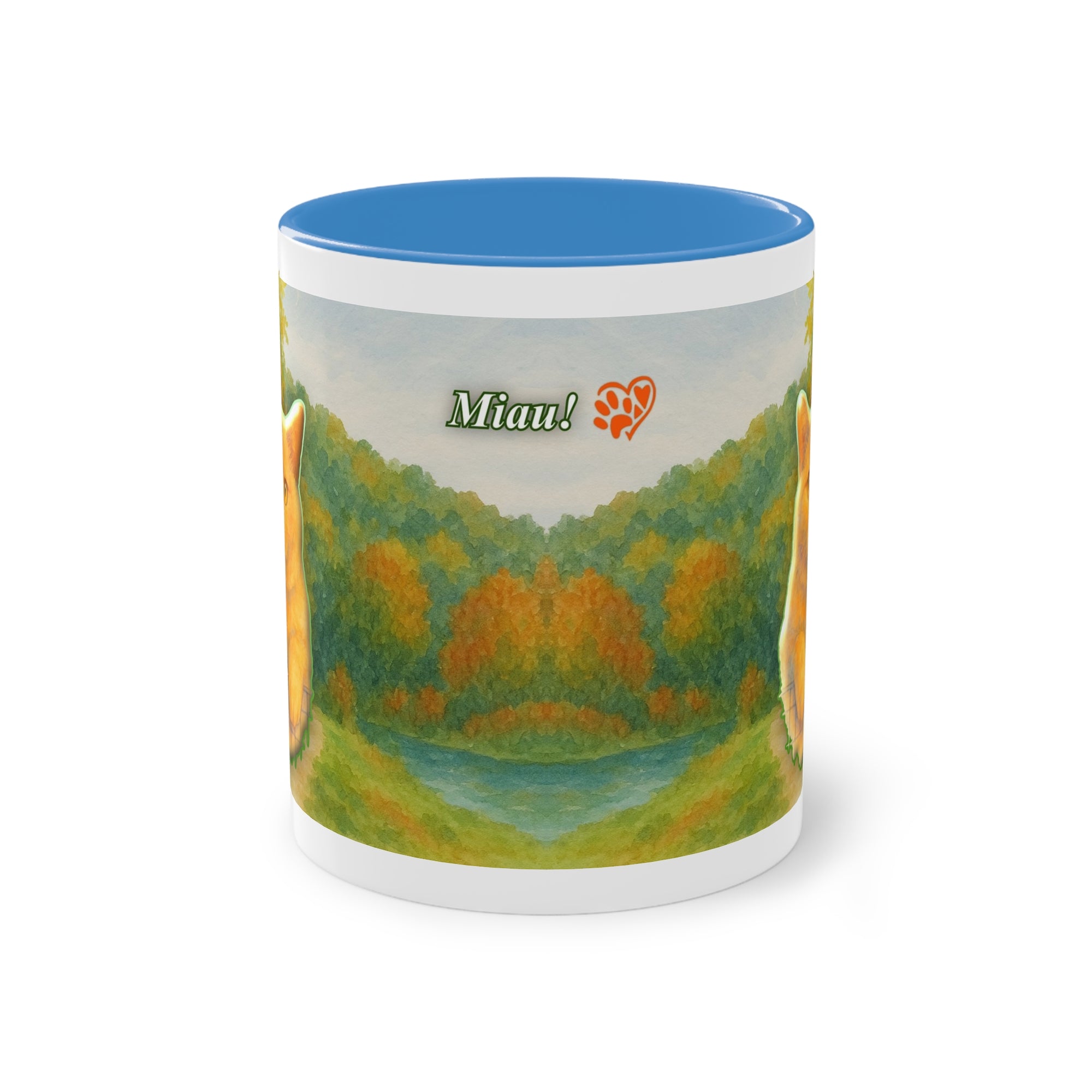 Tasse – Rote Katze mit Bäumen und blauem Himmel im Aquarell-Stil, 325 ml