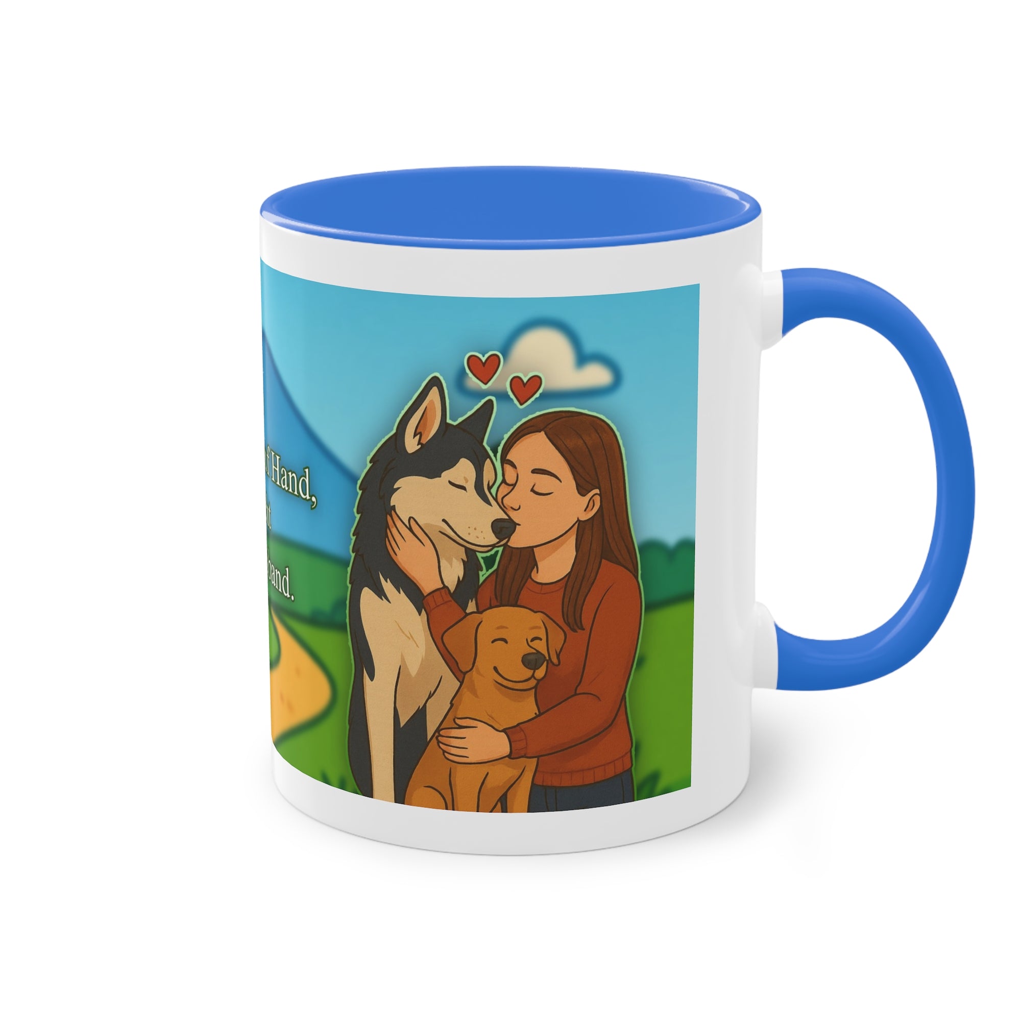 Tasse – „Hund und Katzenliebe mit Frau“ im Comic-Stil, 325 ml