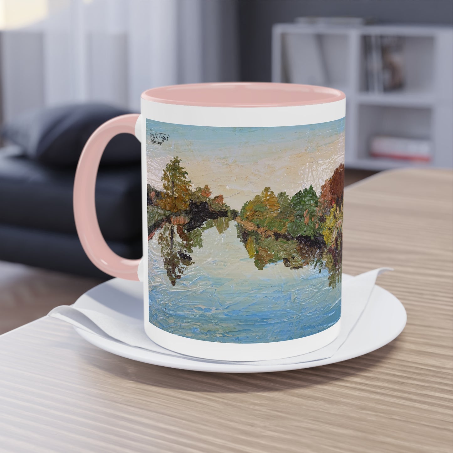 Künstlertasse „Blue River Motif“ Reproduktion eines Impasto-Ölgemäldes von Monika Taffet