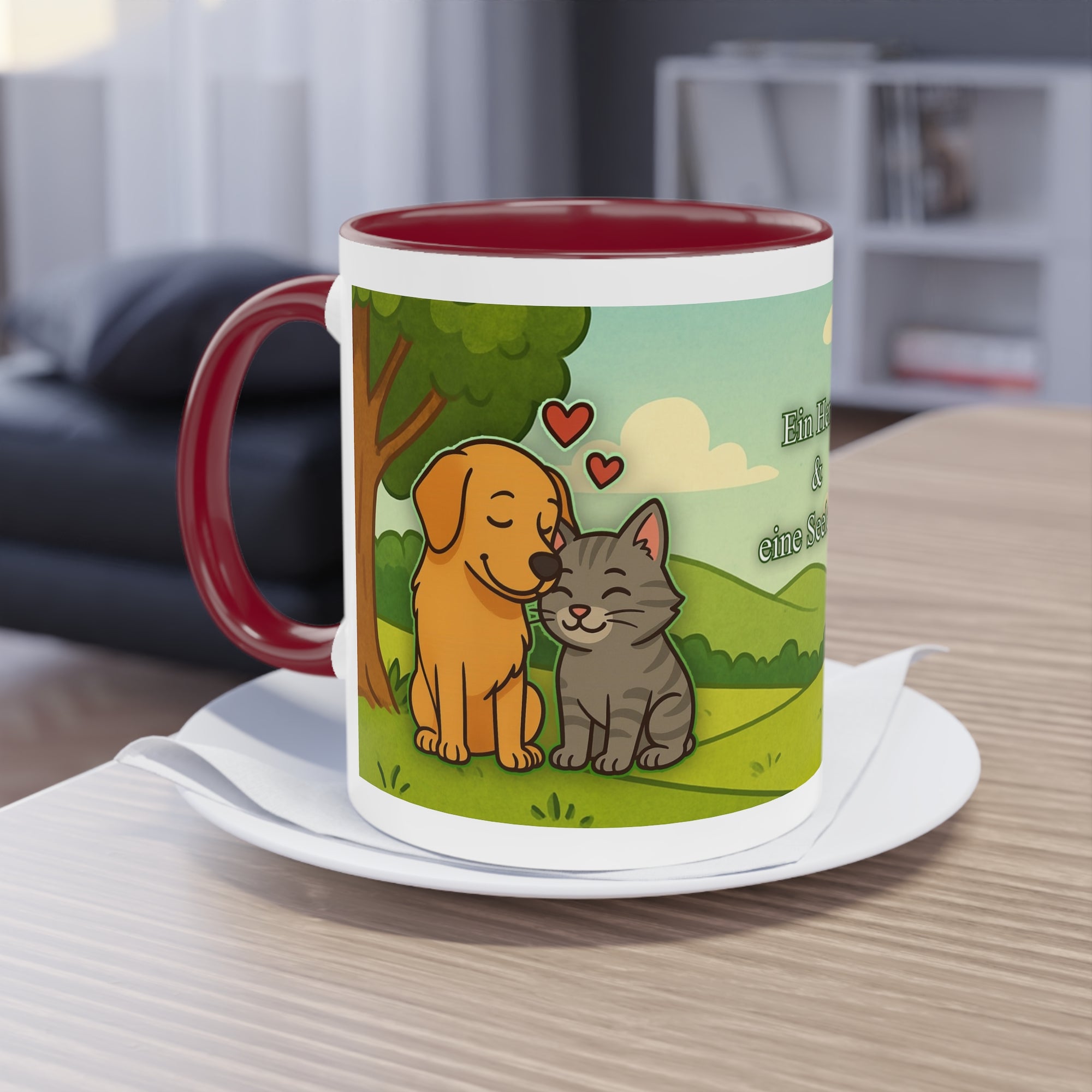 Tasse – „Hund und Katze mit Herzchen“ im Comic-Stil, 325 ml