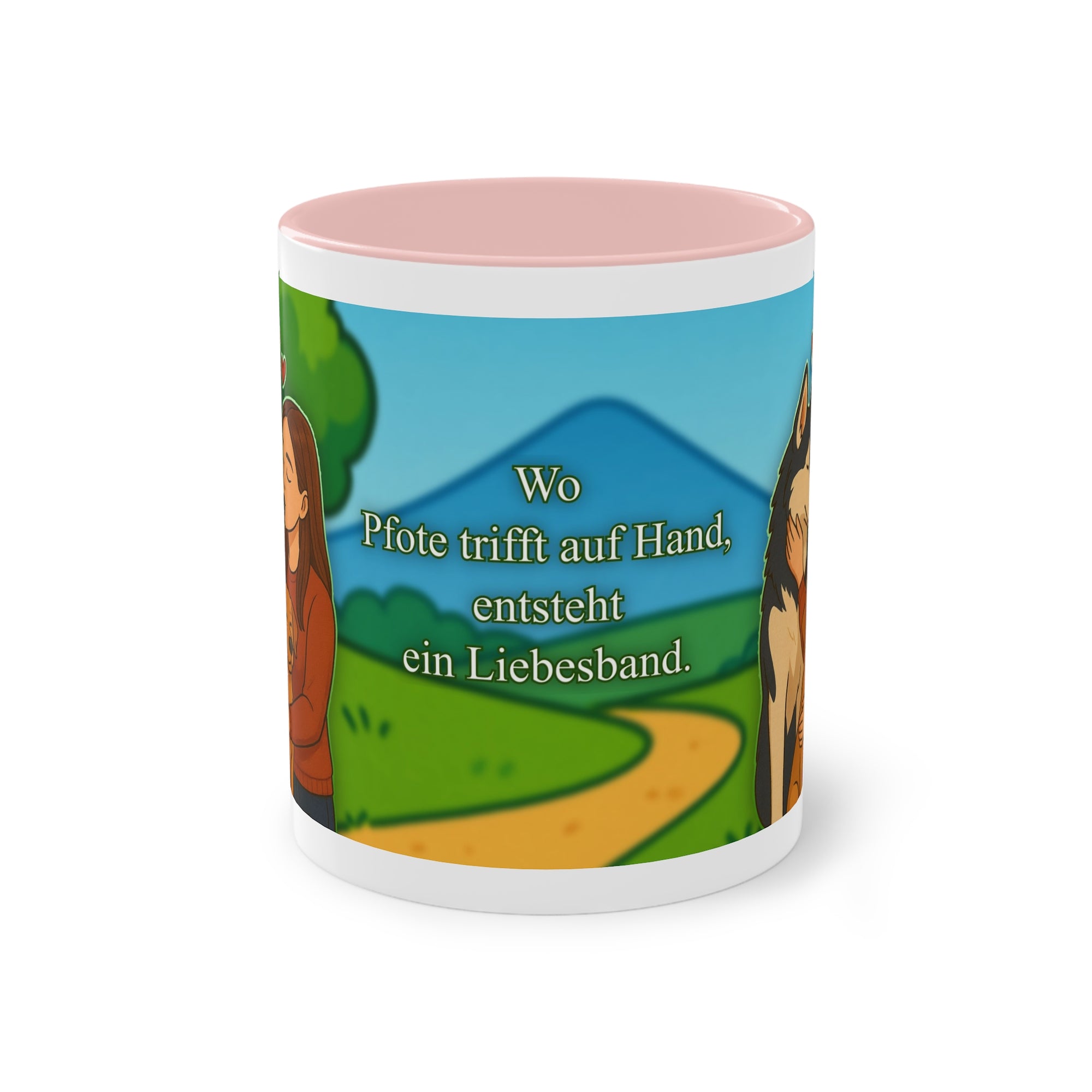 Tasse – „Hund und Katzenliebe mit Frau“ im Comic-Stil, 325 ml