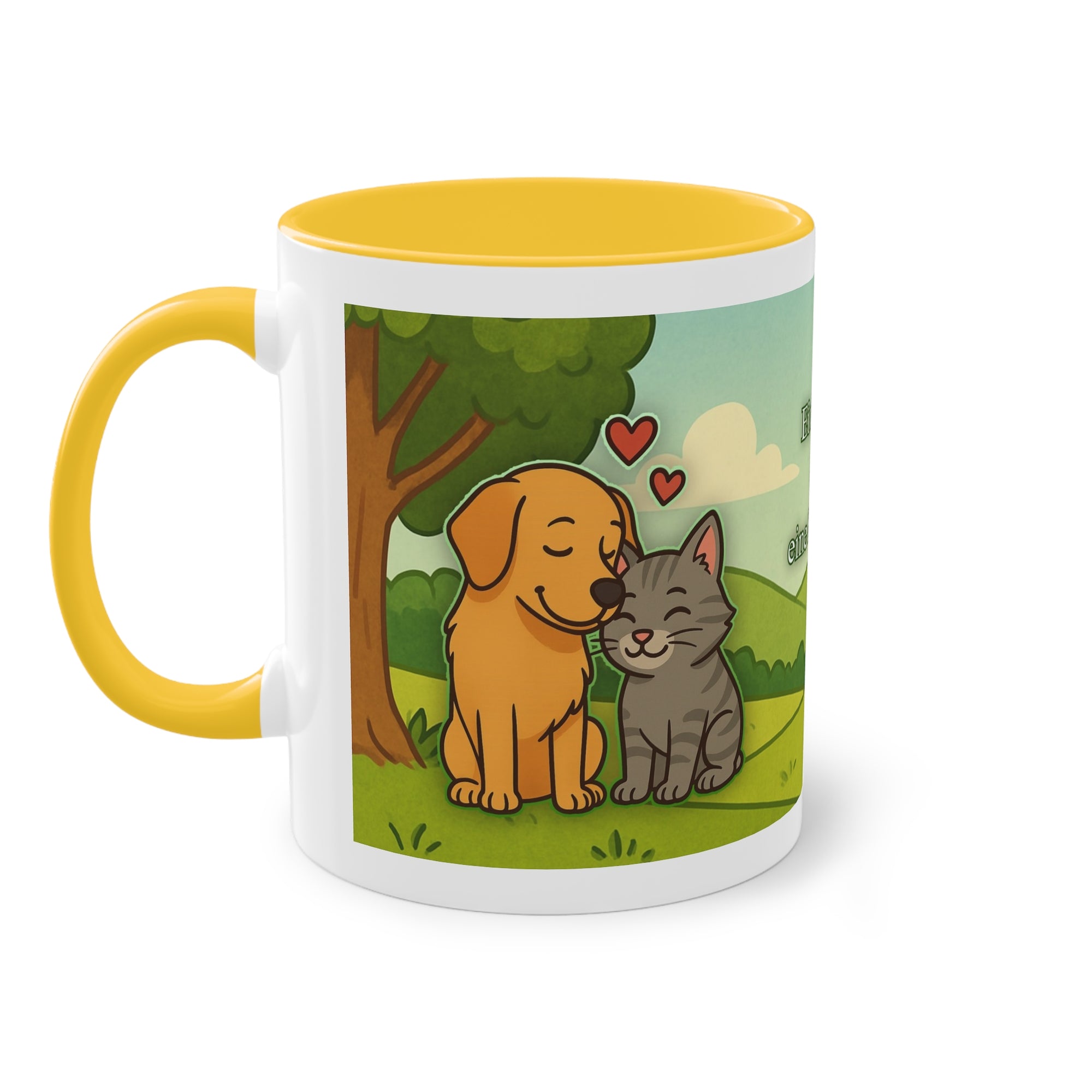 Tasse – „Hund und Katze mit Herzchen“ im Comic-Stil, 325 ml